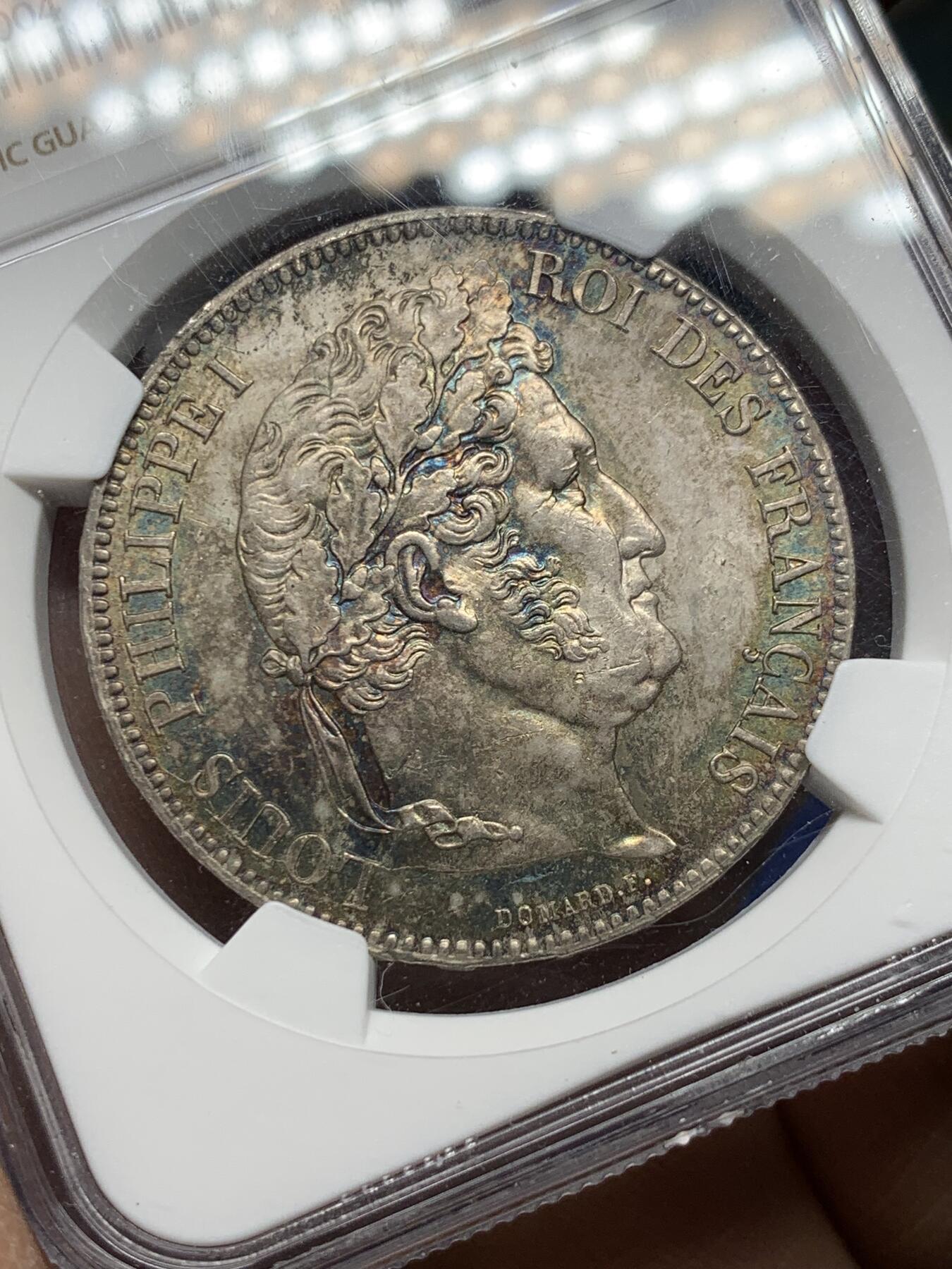 《竞宝斋》第360场 周日，周一  2场连拍 （全场包邮） NGC MS61 法国1835年菲利普5法郎银币 不多见的年份版别 极美五彩包浆 飞利浦上MS不容易