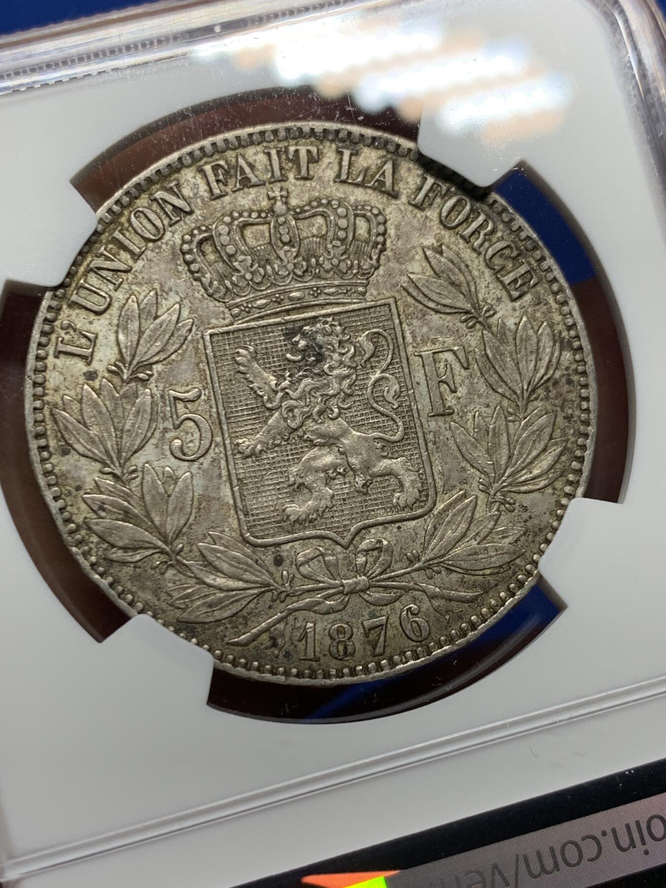 《竞宝斋》第360场 周日，周一  2场连拍 （全场包邮） NGC AUD 比利时1876年利奥波德二世5法郎银币 少见年份