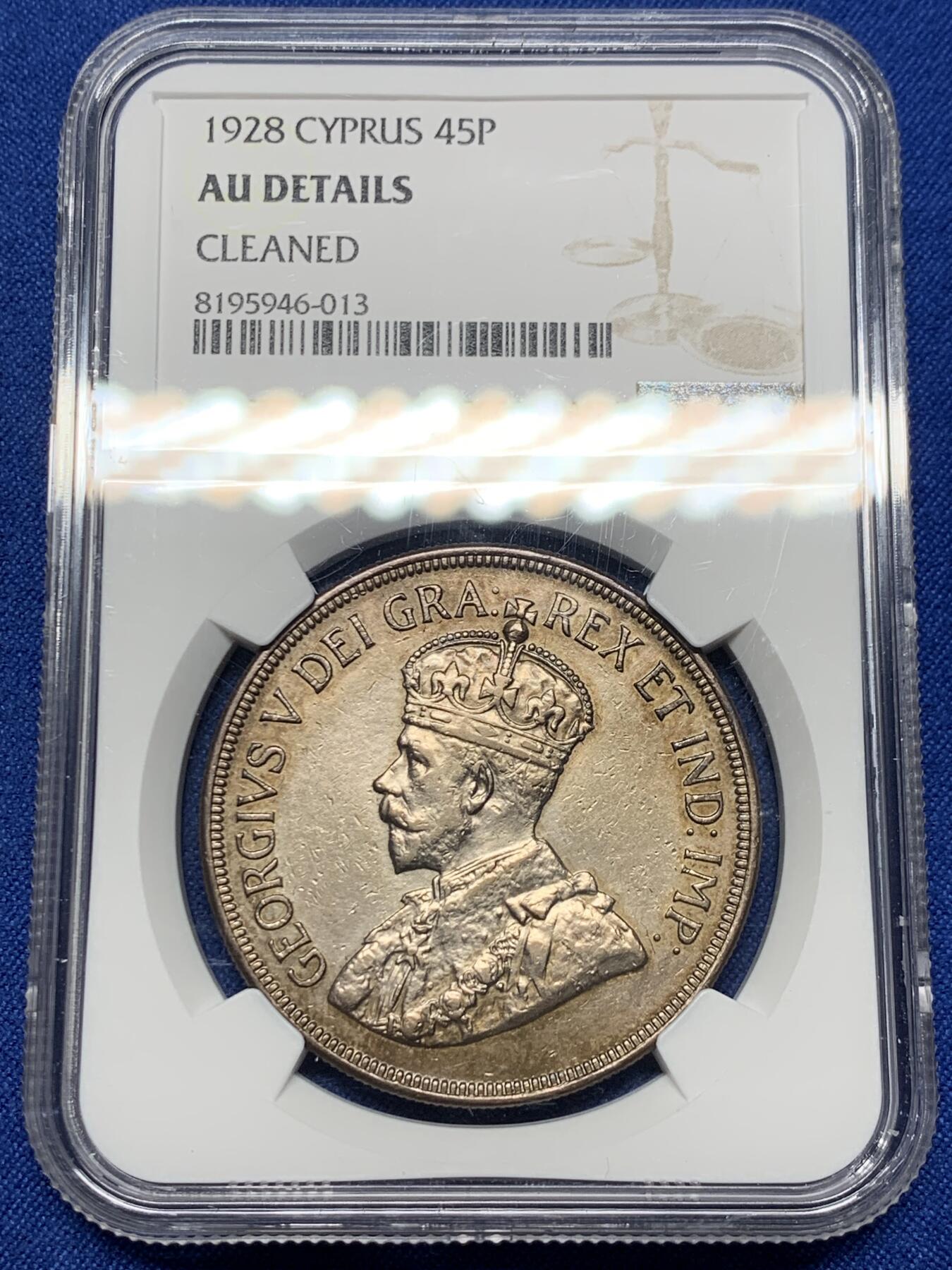《竞宝斋》第360场 周日，周一  2场连拍 （全场包邮） NGC AUD 1928年英属塞浦路斯45P银币  币面高点俱在，淡金色包浆，好品稀少发行量仅有八万枚。