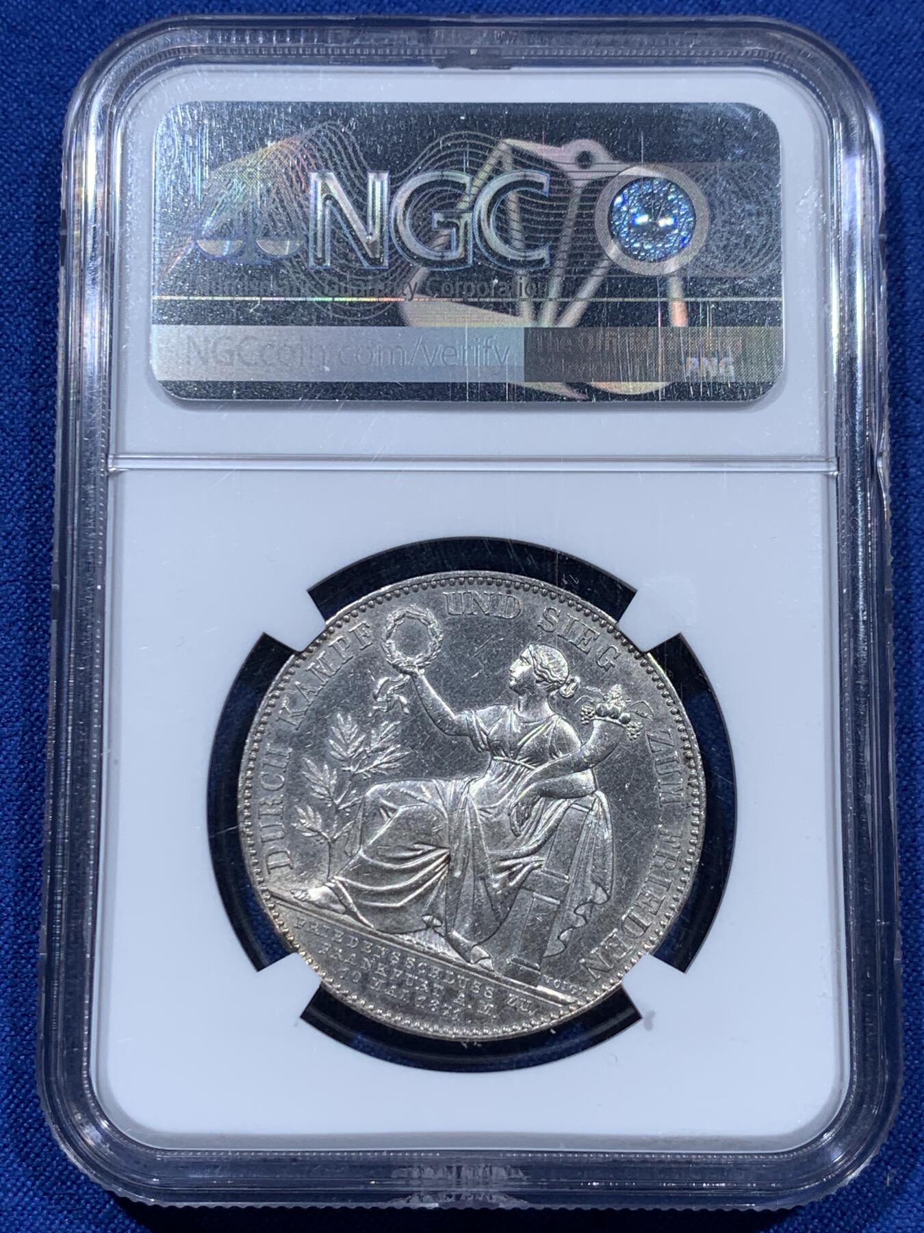 《竞宝斋》第360场 周日，周一  2场连拍 （全场包邮） NGC MS61 德国1871年普法战争胜利泰勒银币 币面光度好，人物细节到位，上海严评。