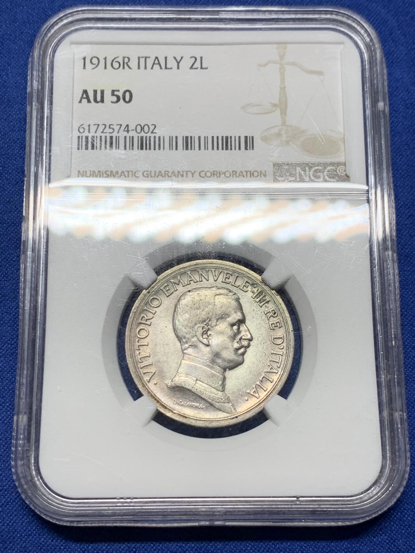 《竞宝斋》第360场 周日，周一  2场连拍 （全场包邮） NGC AU50 意大利1916年埃马努埃莱三世马车2里拉银币 经典意大利马车设计