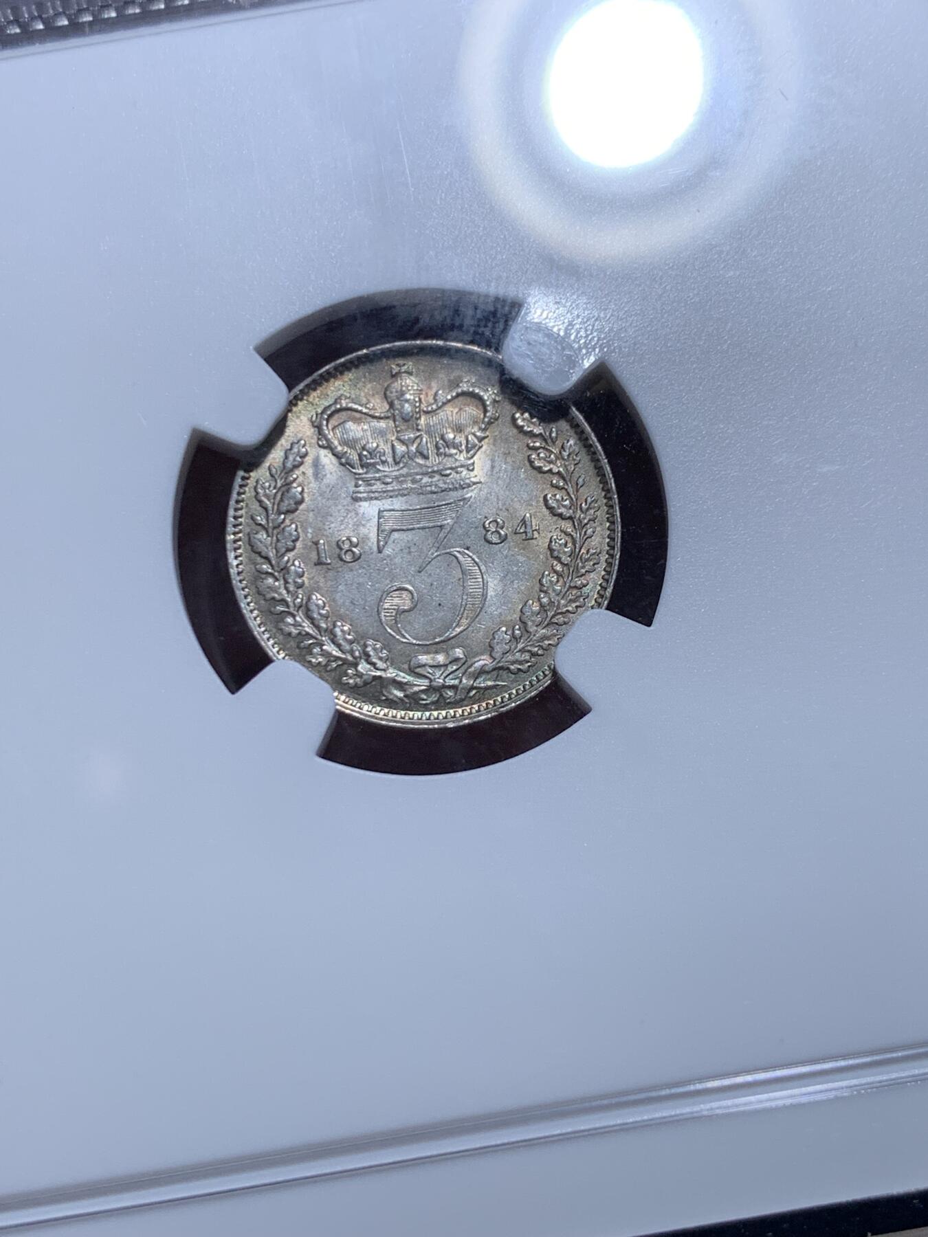 《竞宝斋》第360场 周日，周一  2场连拍 （全场包邮） NGC MS63 英国小维1884年3便士银币