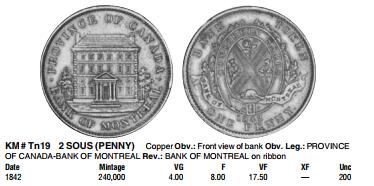 《竞宝斋》第360场 周日，周一  2场连拍 （全场包邮） 加拿大1842年下加拿大蒙特利尔银行1便士代币Token铜币，少见品种，克劳斯目录收录