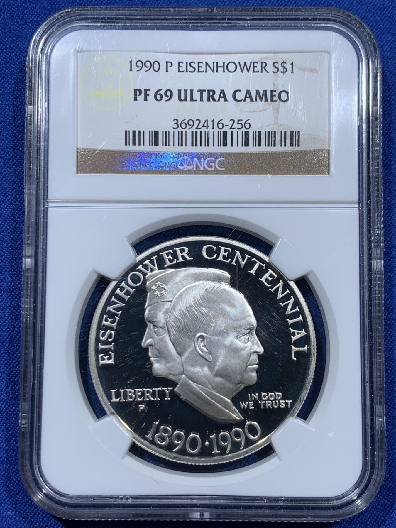 《竞宝斋》第360场 周日，周一  2场连拍 （全场包邮） NGC PF69UC 美国1990年艾森豪威尔百年纪念1美元精制银币，PROOF精制币，状态极佳。