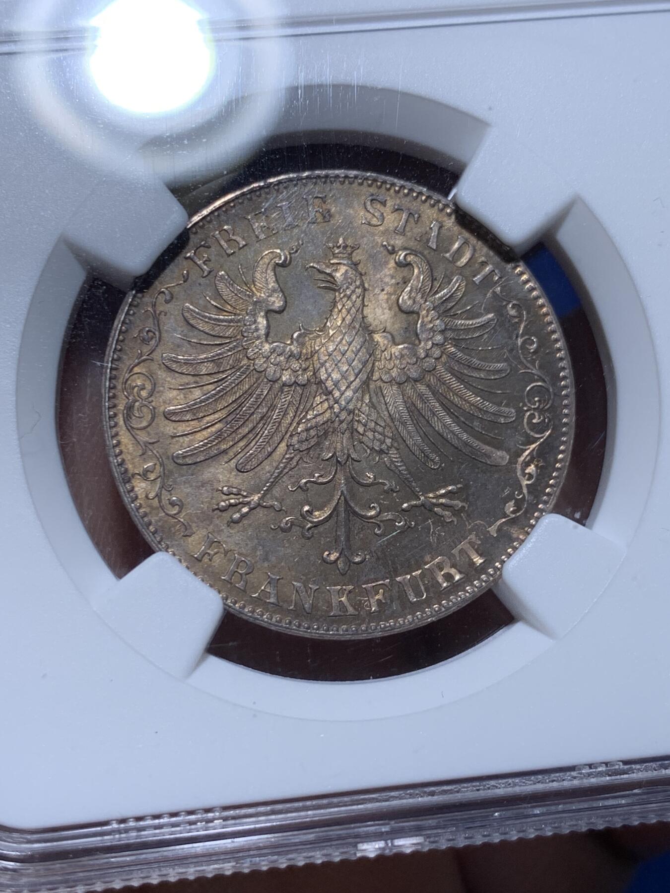 《竞宝斋》第360场 周日，周一  2场连拍 （全场包邮） NGC MS64 德国 1851年 法兰克福 1盾 银币 稀少小面值