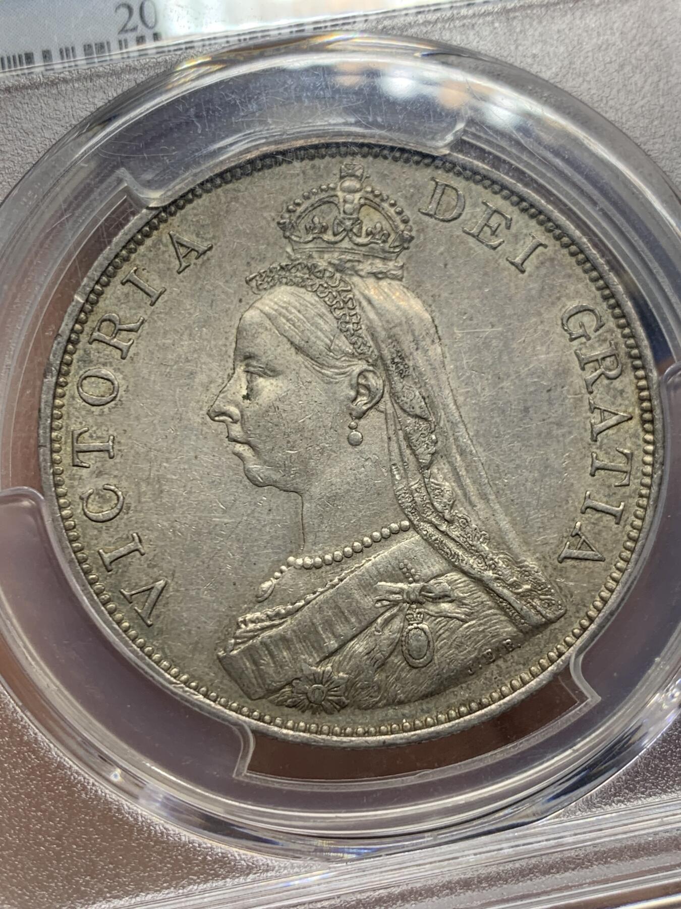 《竞宝斋》第360场 周日，周一  2场连拍 （全场包邮） PCGS AU53 英国1889年维多利亚女王高冠双弗洛林4先令大银币，少见年份版本，多见1887年，PL底版，双面淡灰彩包浆。