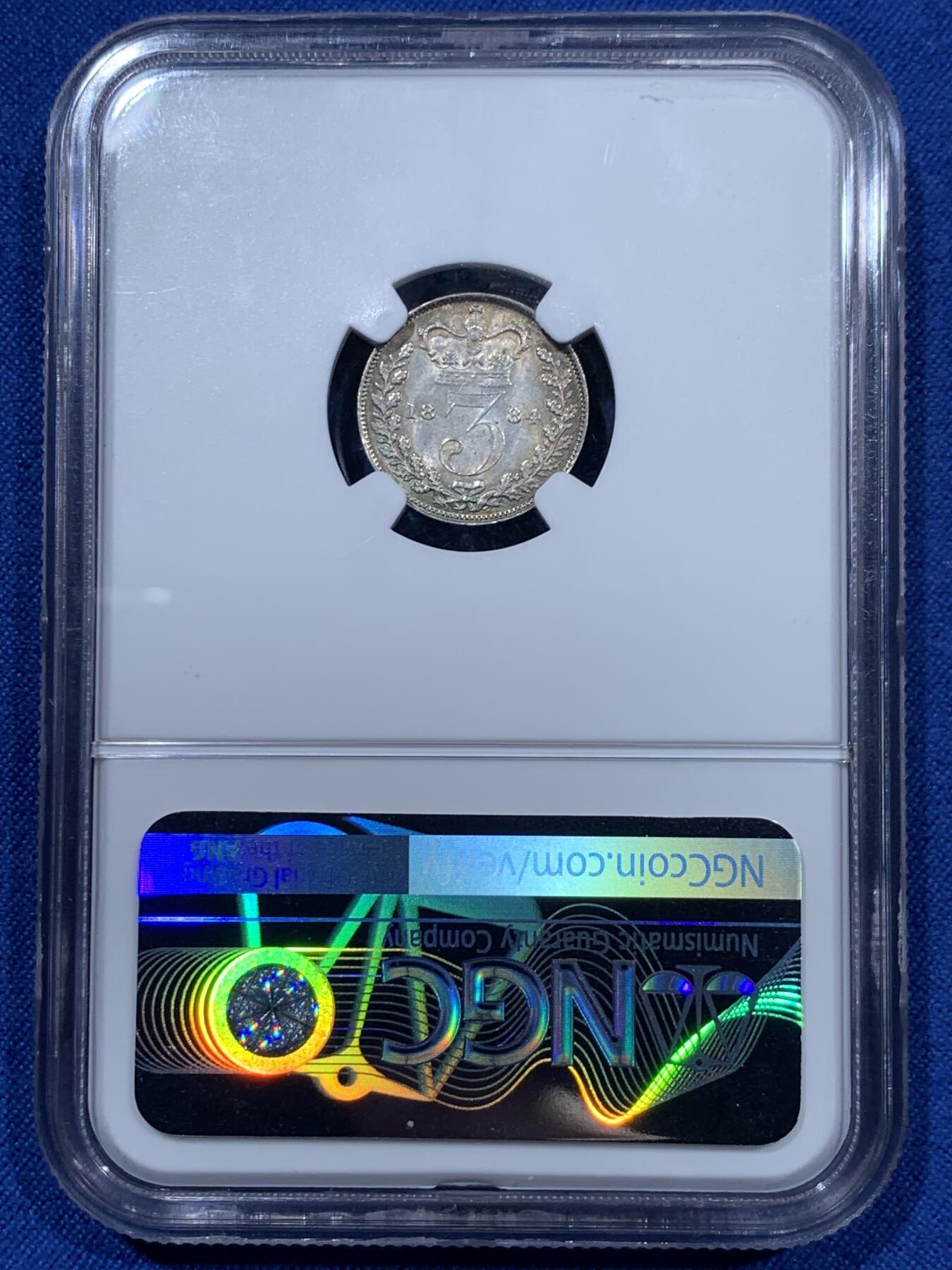 《竞宝斋》第360场 周日，周一  2场连拍 （全场包邮） NGC MS63 英国小维1884年3便士银币