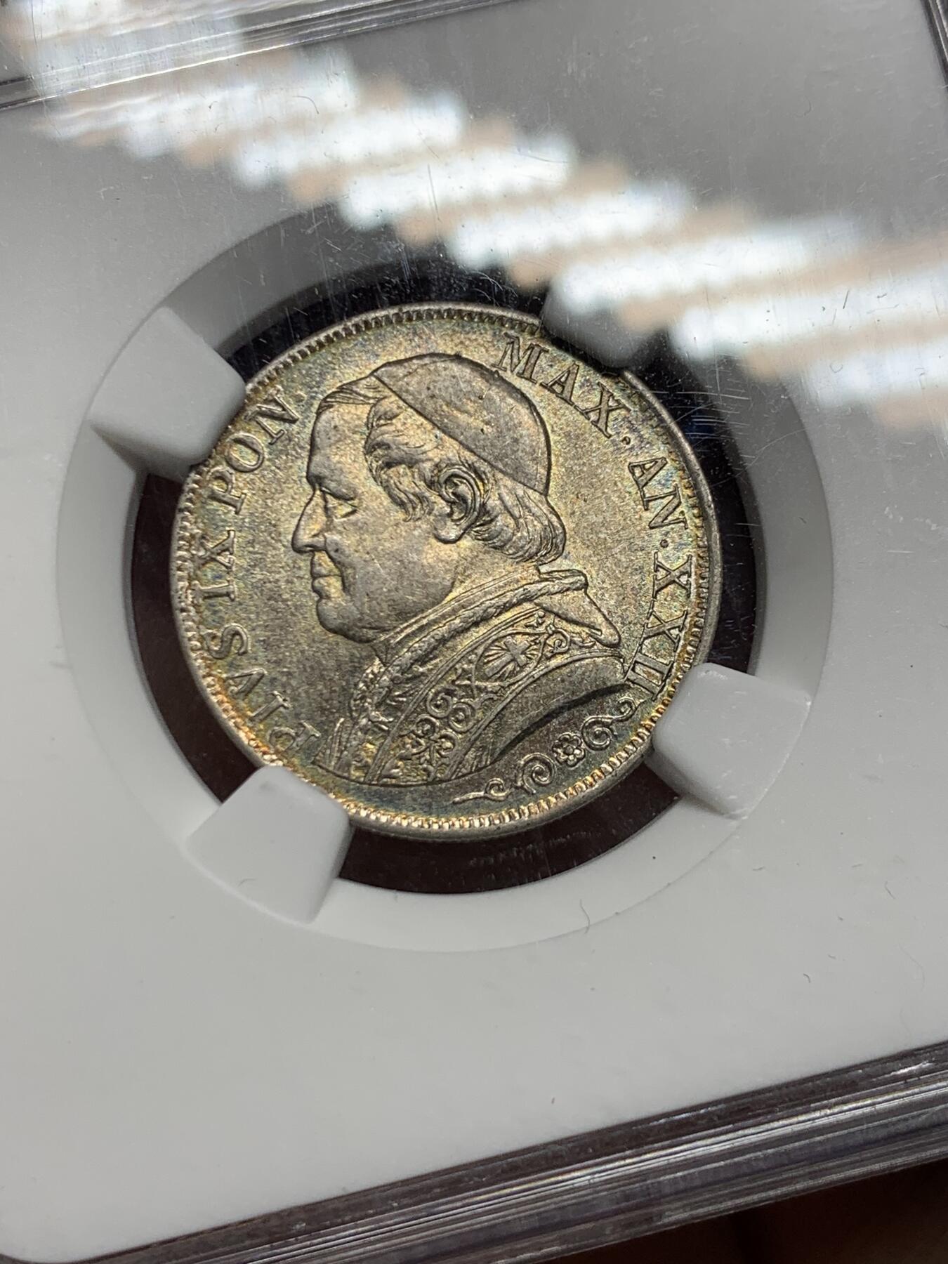 《竞宝斋》第360场 周日，周一  2场连拍 （全场包邮） NGC MS62 教皇国1868庇护九世大半身像1里拉银币