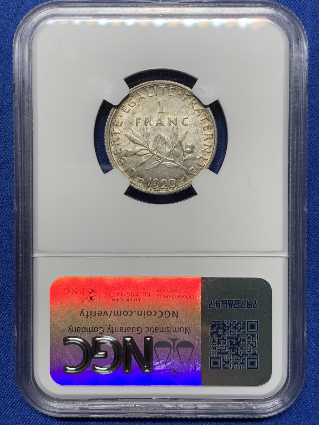 《竞宝斋》第360场 周日，周一  2场连拍 （全场包邮） NGC MS63 法国1920年播种女神1法郎银币