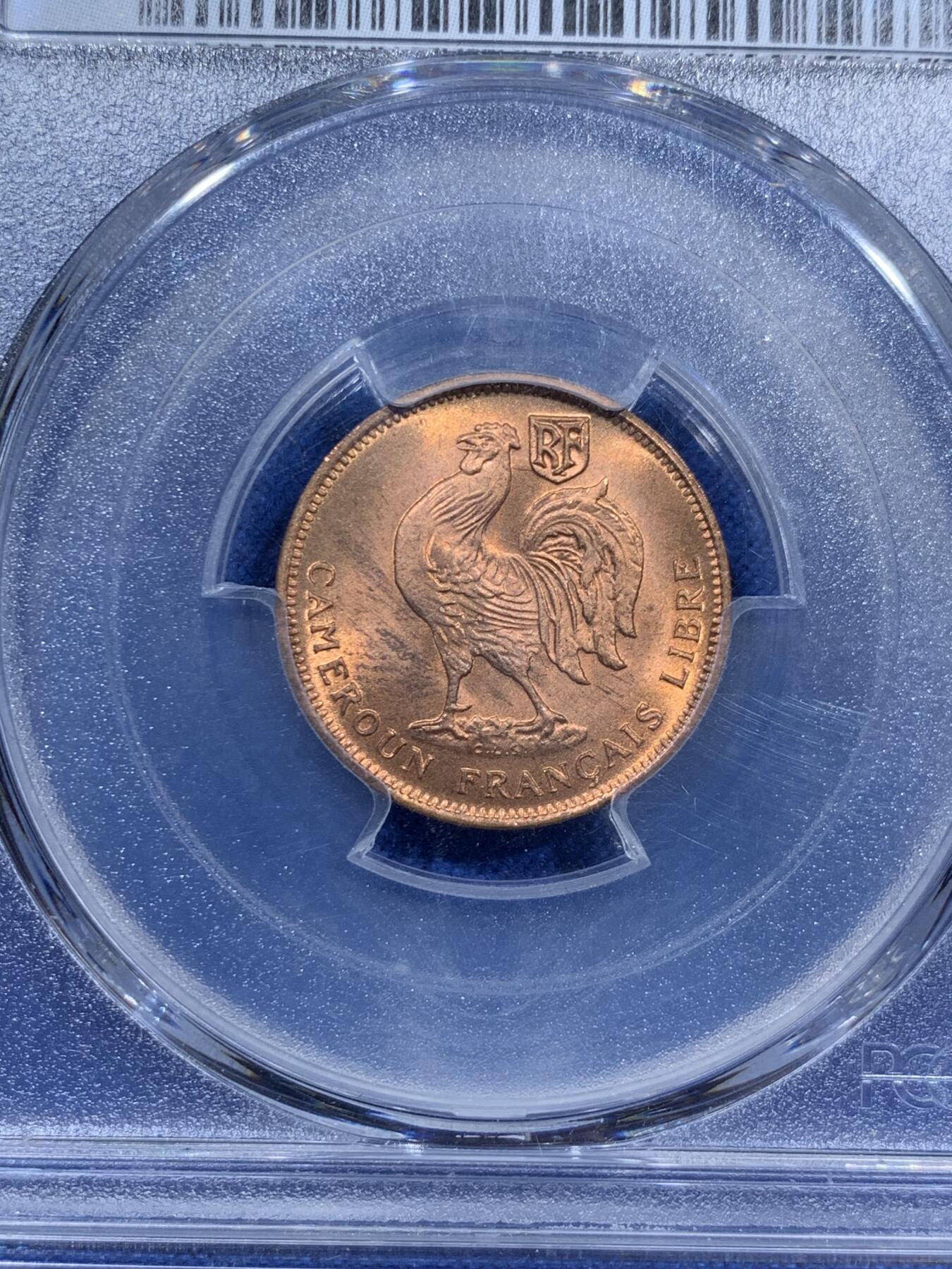 《竞宝斋》第360场 周日，周一  2场连拍 （全场包邮） PCGS MS65RD 喀麦隆1943年50分铜币 原光好品 高分难得