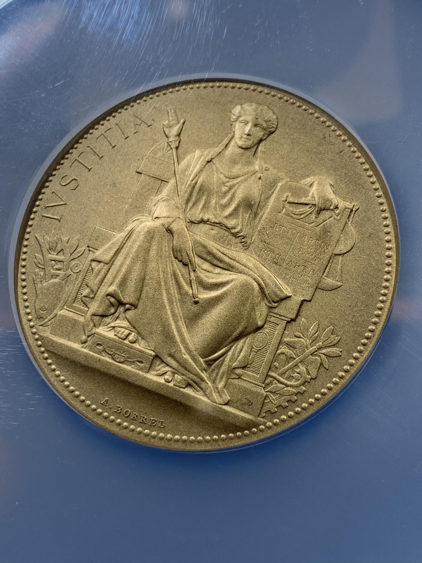 《竞宝斋》第360场 周日，周一  2场连拍 （全场包邮） NGC MS66 超高分 1908法国马赛商业法庭镀金银章 带原盒 重量：66克