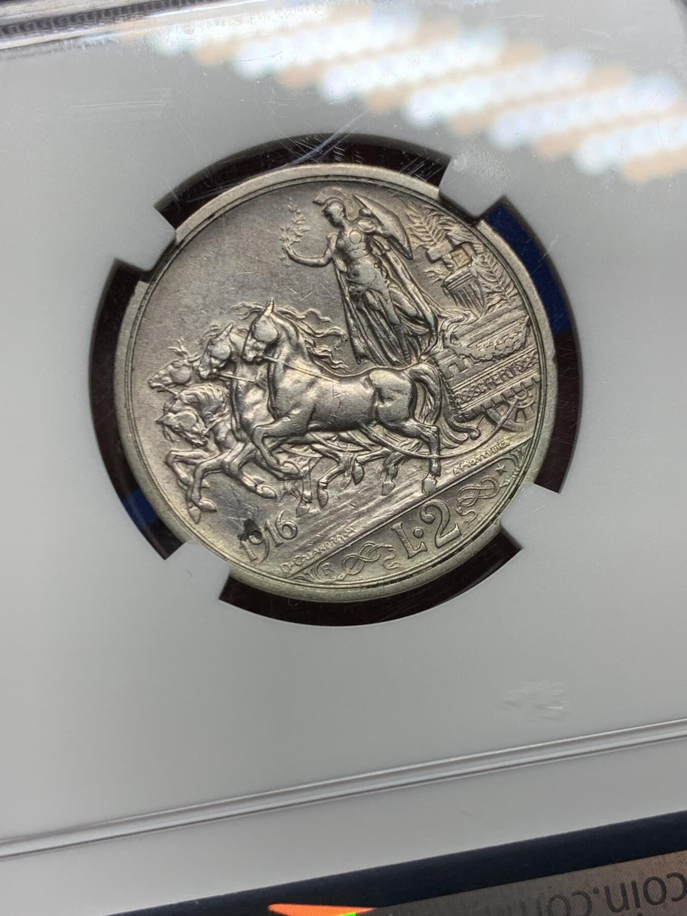 《竞宝斋》第360场 周日，周一  2场连拍 （全场包邮） NGC AU50 意大利1916年埃马努埃莱三世马车2里拉银币 经典意大利马车设计