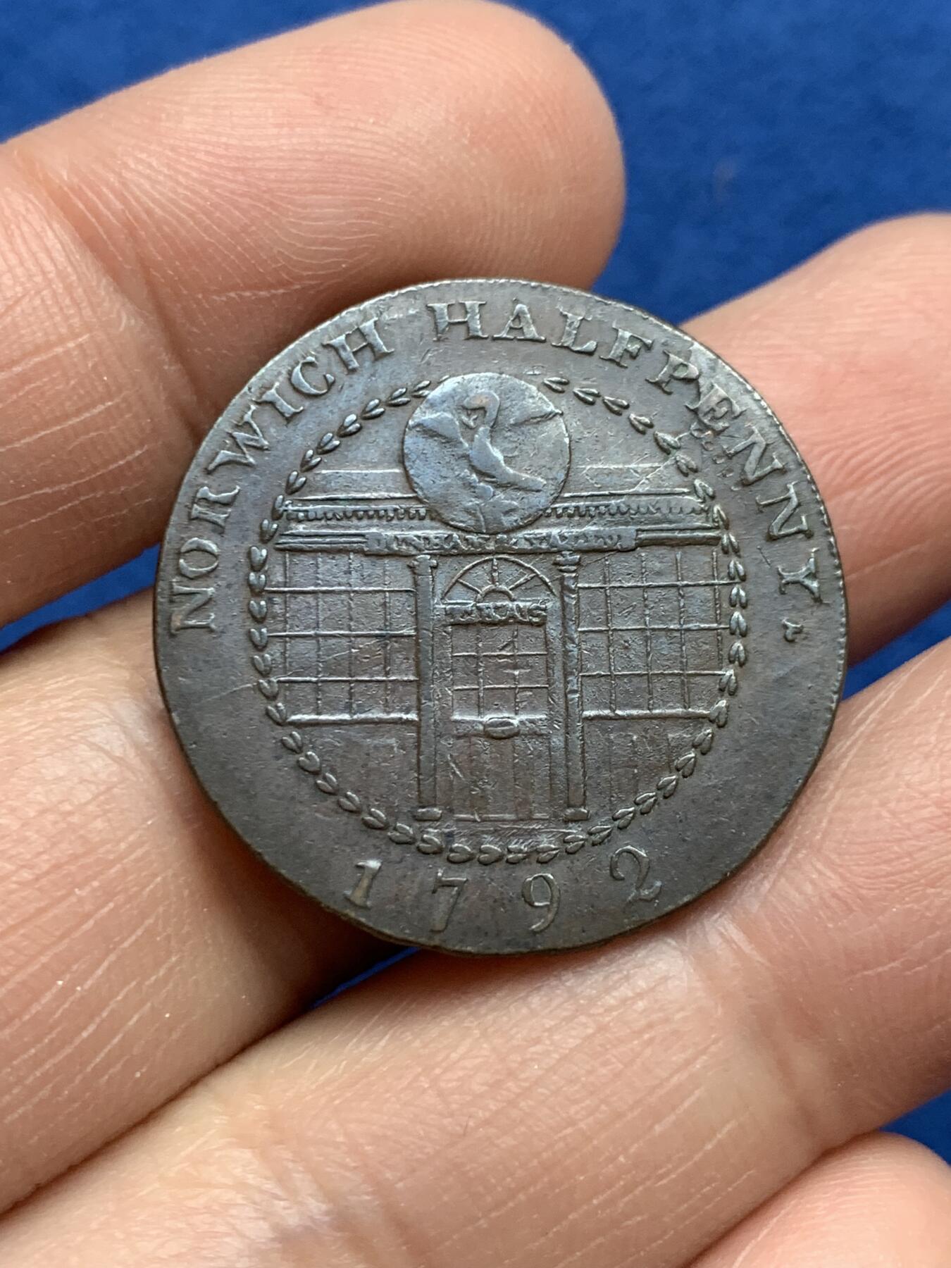 《竞宝斋》第360场 周日，周一  2场连拍 （全场包邮） 英国1792年诺福克郡诺里奇市半便士代币Token铜币，少见品种