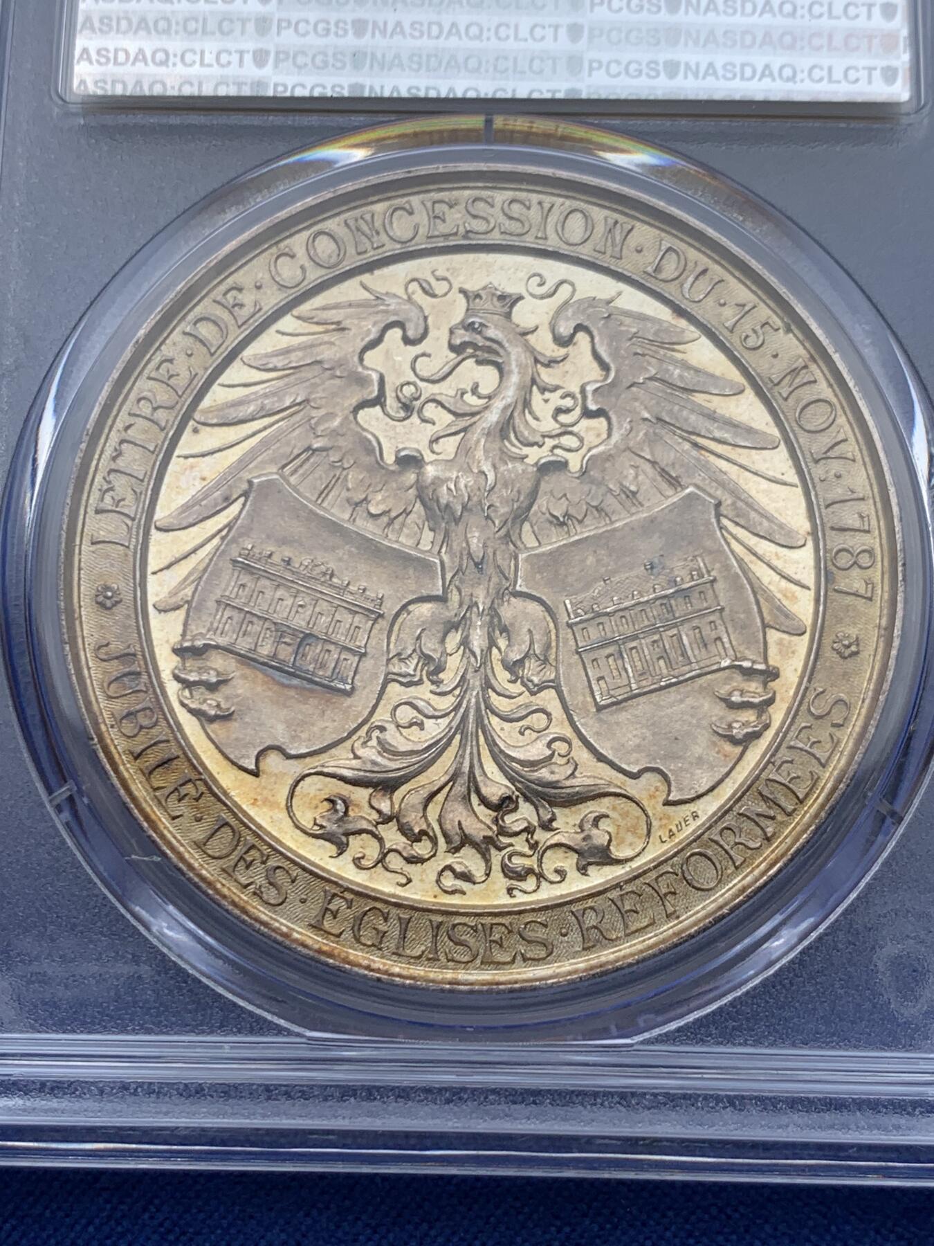 《竞宝斋》第360场 周日，周一  2场连拍 （全场包邮） PCGS SP64 德国 1887年 法兰克福-纪念法兰西与德意志宗教改革100周年大银章 唯一冠军分 极其稀少 背面鹰徽堪称登峰造极的美学典范 最新裸章成交价5400元