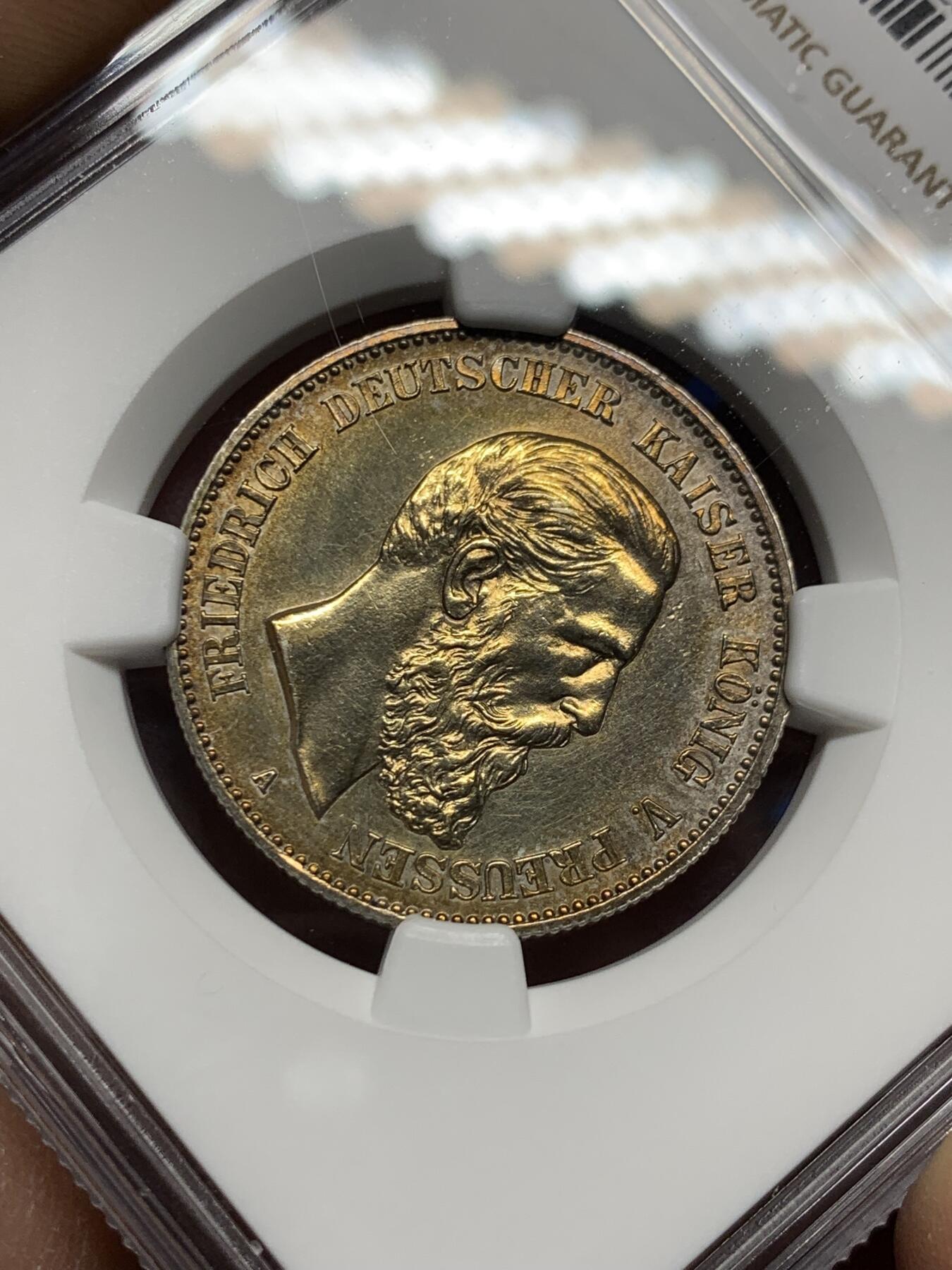 《竞宝斋》第360场 周日，周一  2场连拍 （全场包邮） NGC UNCD 德国1888三皇年弗里德里希三世2马克银币，五彩包浆，转光，高点保存非常好。