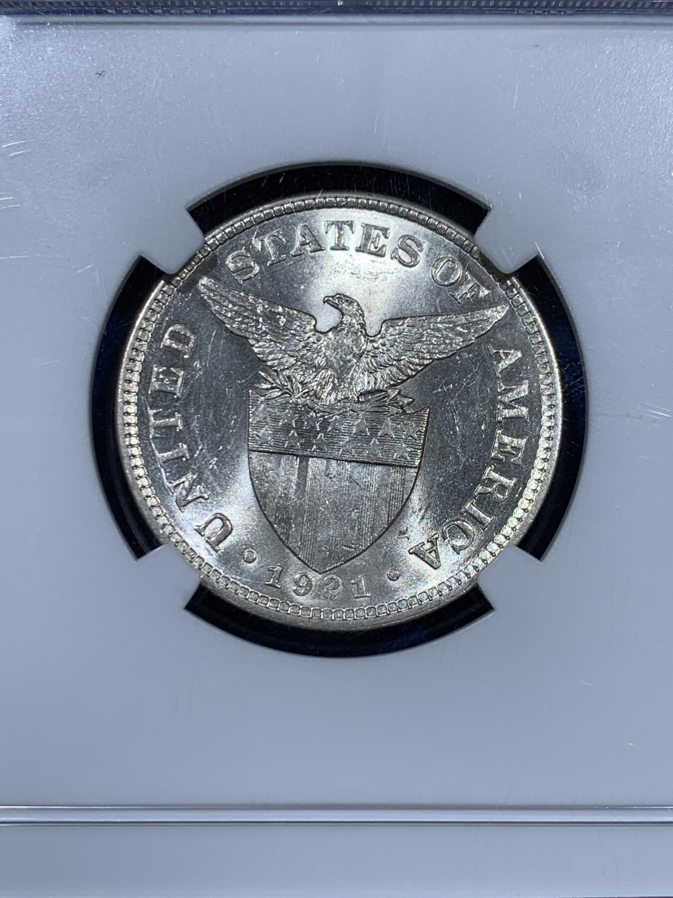 《竞宝斋》第360场 周日，周一  2场连拍 （全场包邮） NGC MS63 美属菲律宾 1921年 战前鹰徽50分银币