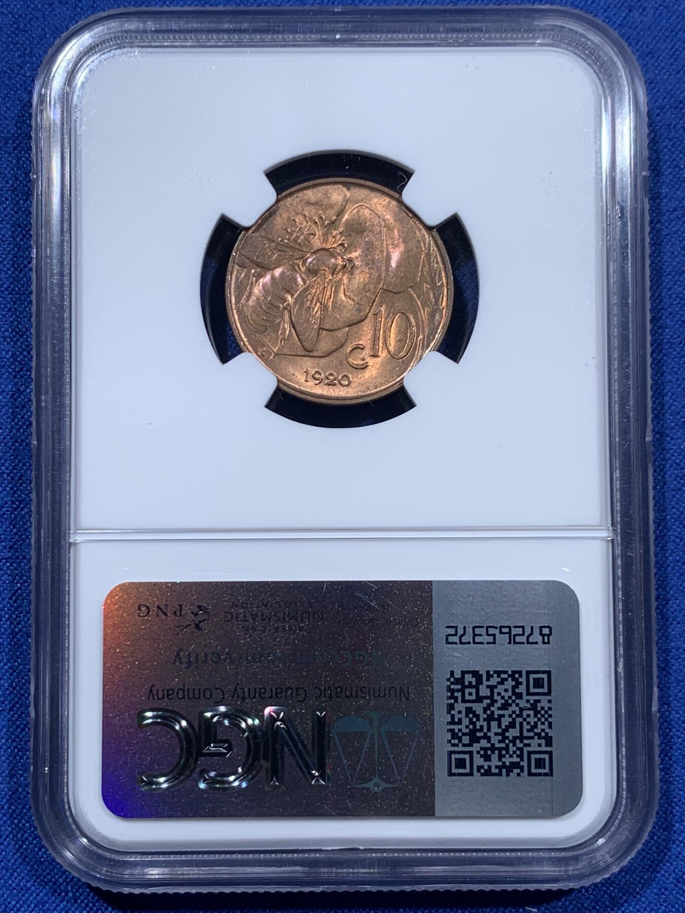 《竞宝斋》第360场 周日，周一  2场连拍 （全场包邮） NGC MS64RB 意大利1920年蜜蜂10分，铜光一流，意大利名誉品种，百年RB难得