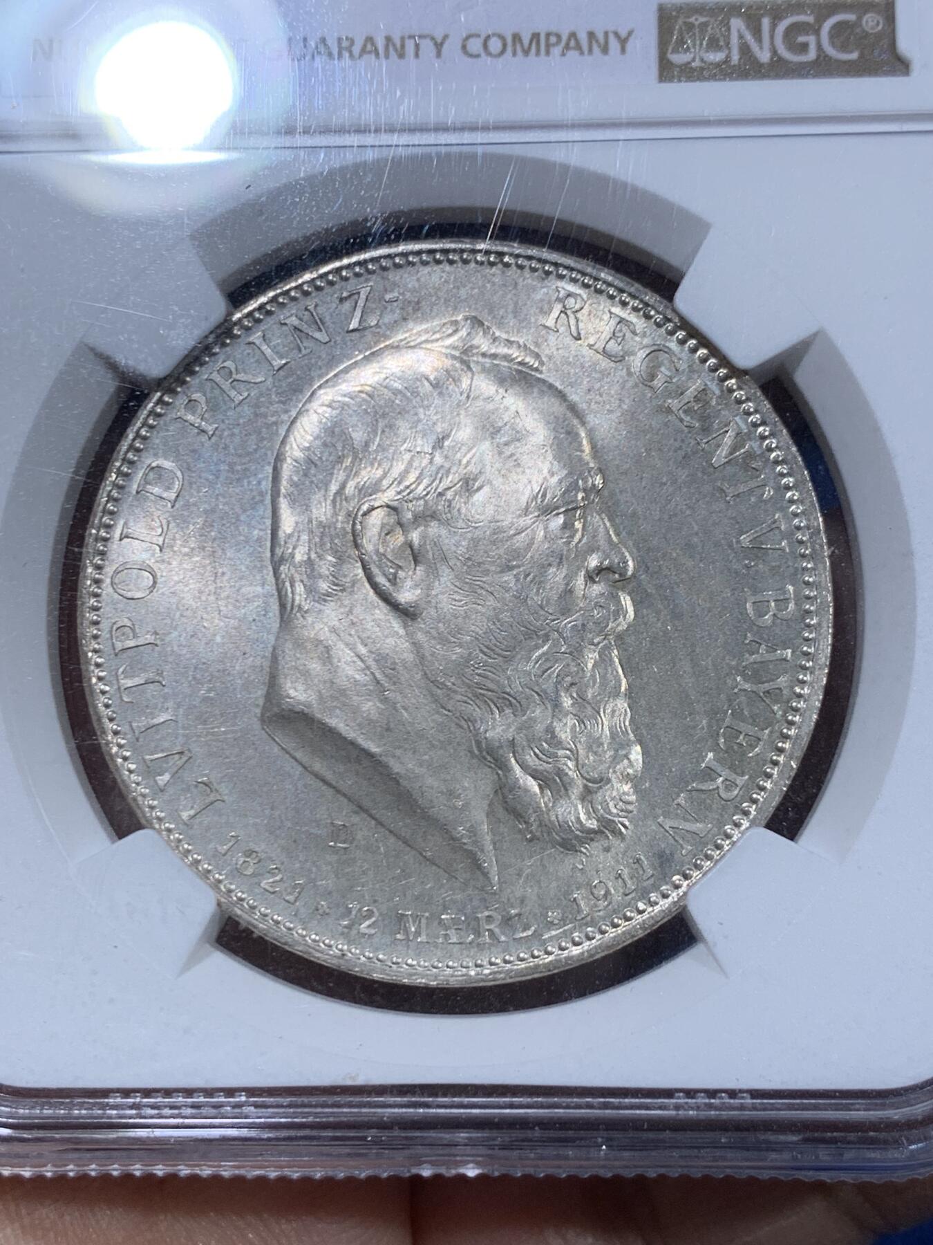 《竞宝斋》第360场 周日，周一  2场连拍 （全场包邮） NGC MS63 德国 巴伐利亚 1911年D 利奥波德 诞辰90周年 5马克 大银币