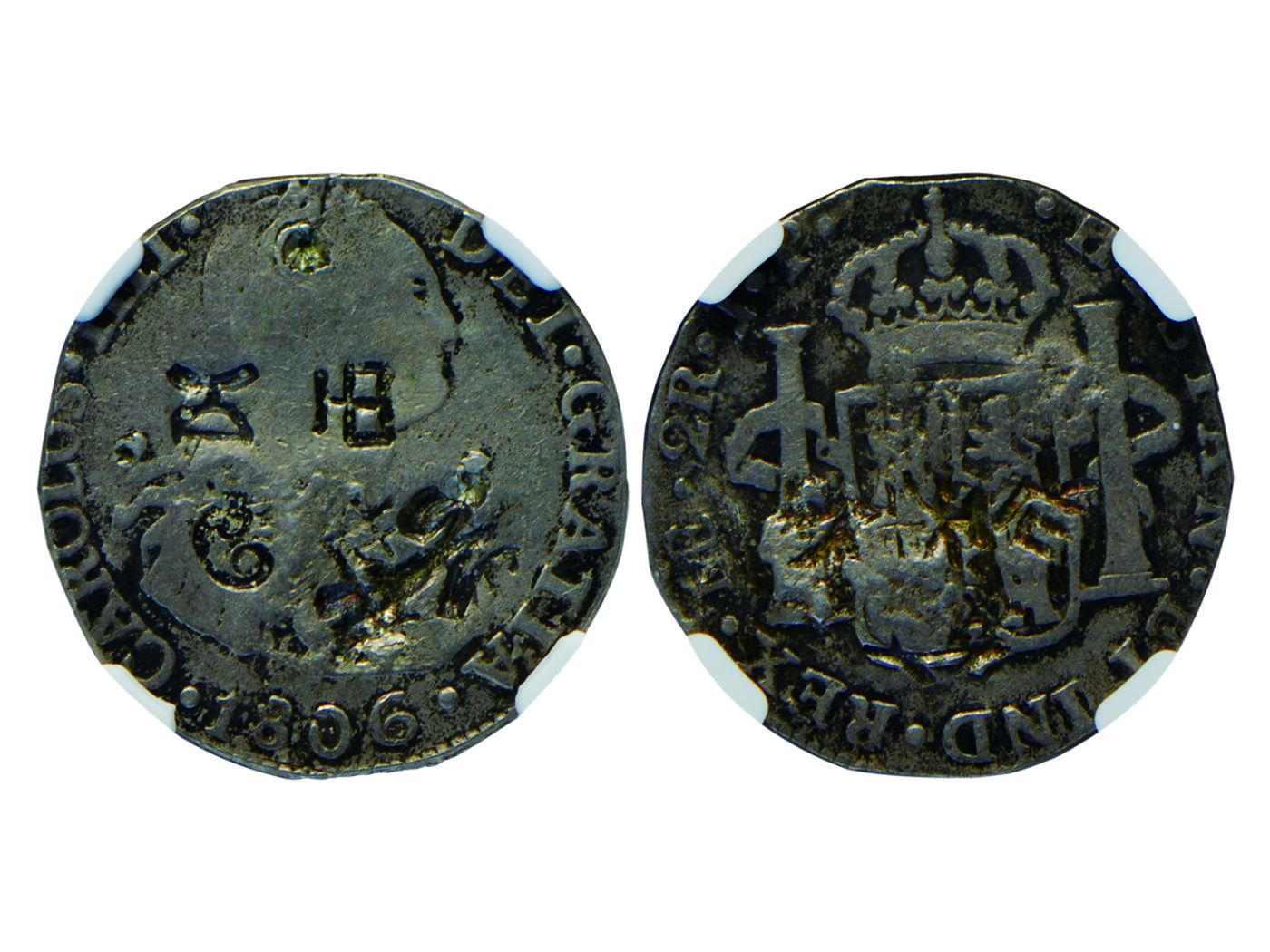 冠军2025年4月8日香港拍卖 1806年LIMA-JP秘魯2裡亞爾銀幣，NGC CHOPMARKED，F.M.ROSE收藏，購於1969年7月14日