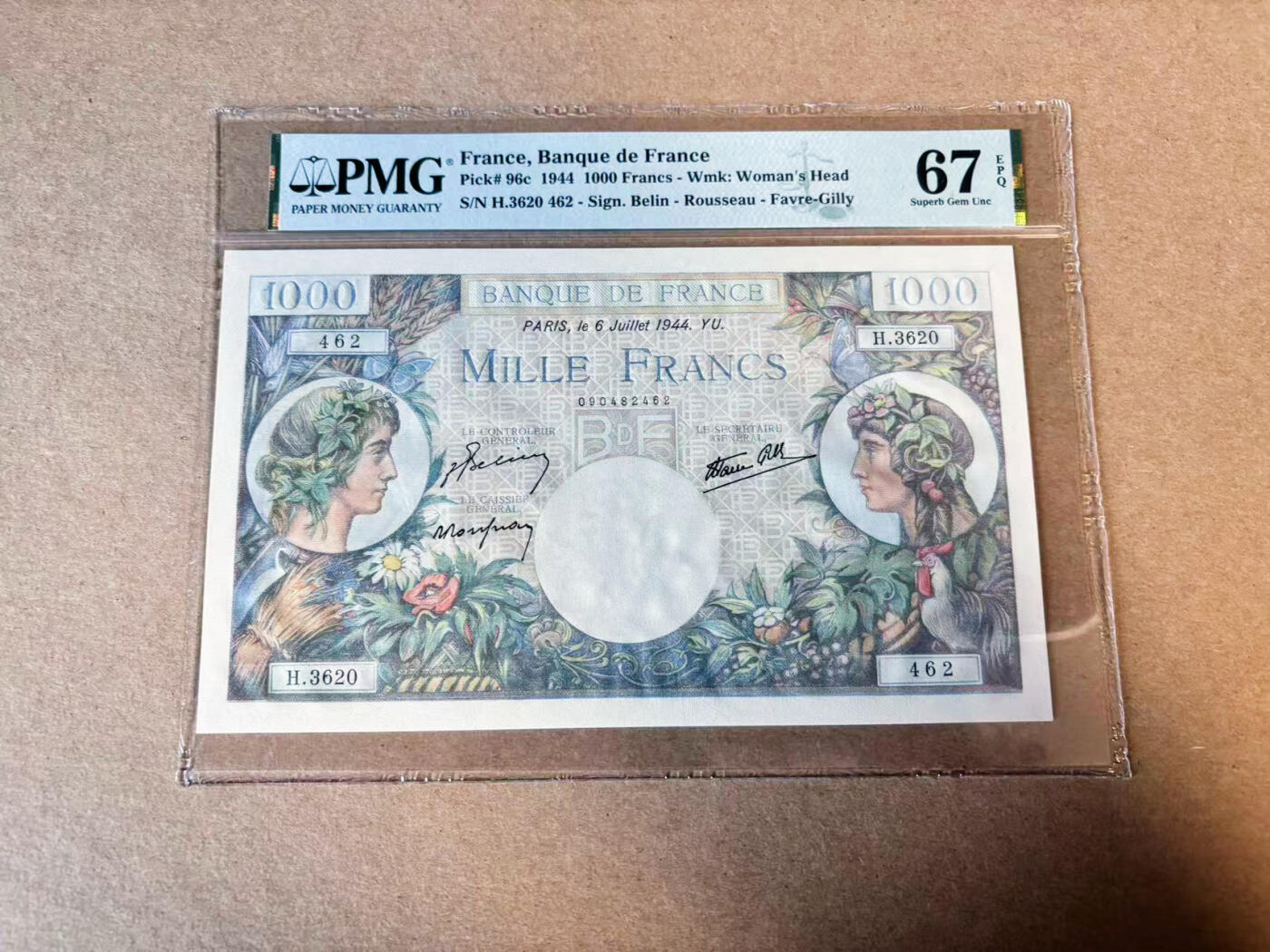 【Blue Auction】✨世界纸币精拍第629期【精】 法国 1944年1000法郎 PMG67EPQ高分 墨丘利 超大票幅 设计精美