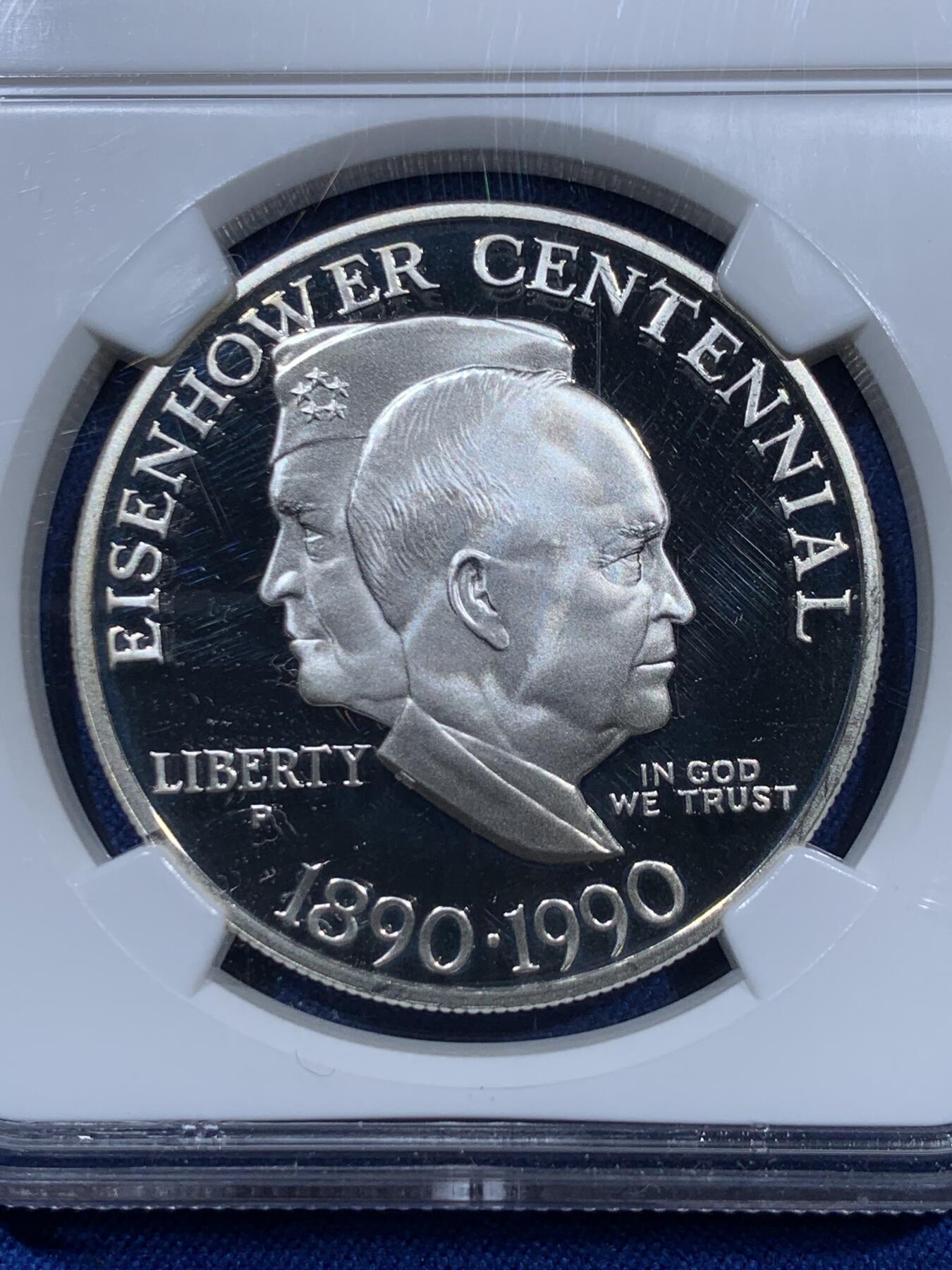《竞宝斋》第360场 周日，周一  2场连拍 （全场包邮） NGC PF69UC 美国1990年艾森豪威尔百年纪念1美元精制银币，PROOF精制币，状态极佳。