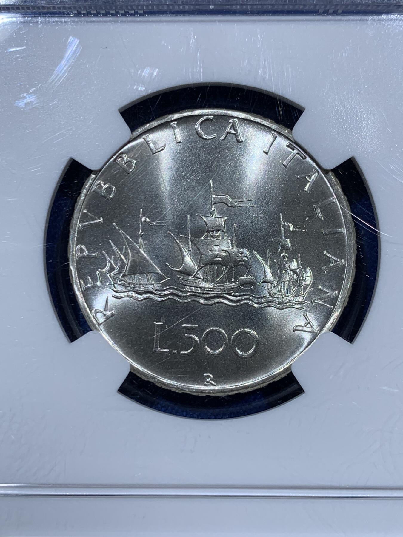 《竞宝斋》第360场 周日，周一  2场连拍 （全场包邮） NGC MS67 意大利1969年帆船美女500里拉银币，经典设计，霜银暴光，顶级高分。小特年，该年铸造量31万枚，60分参考价40美元