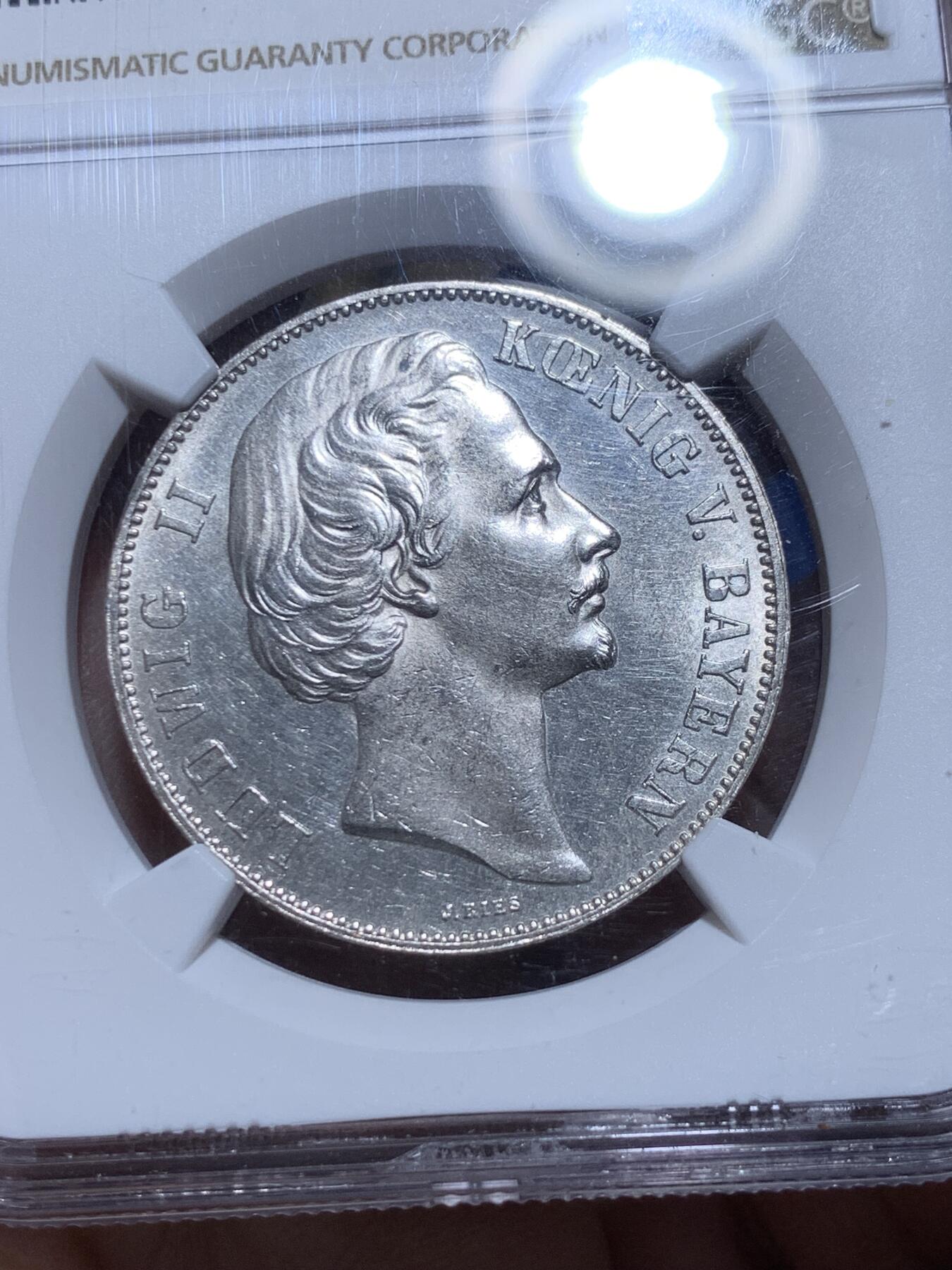 《竞宝斋》第360场 周日，周一  2场连拍 （全场包邮） NGC MS61 德国1871年普法战争胜利泰勒银币 币面光度好，人物细节到位，上海严评。