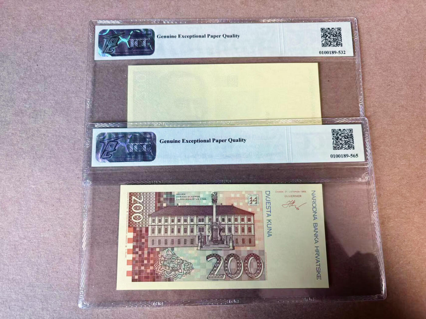 【Blue Auction】✨世界纸币精拍第629期【精】  【一组2张试印/试色样票】克罗地亚1994年200库纳 捷德代印 TQG69EPQ 