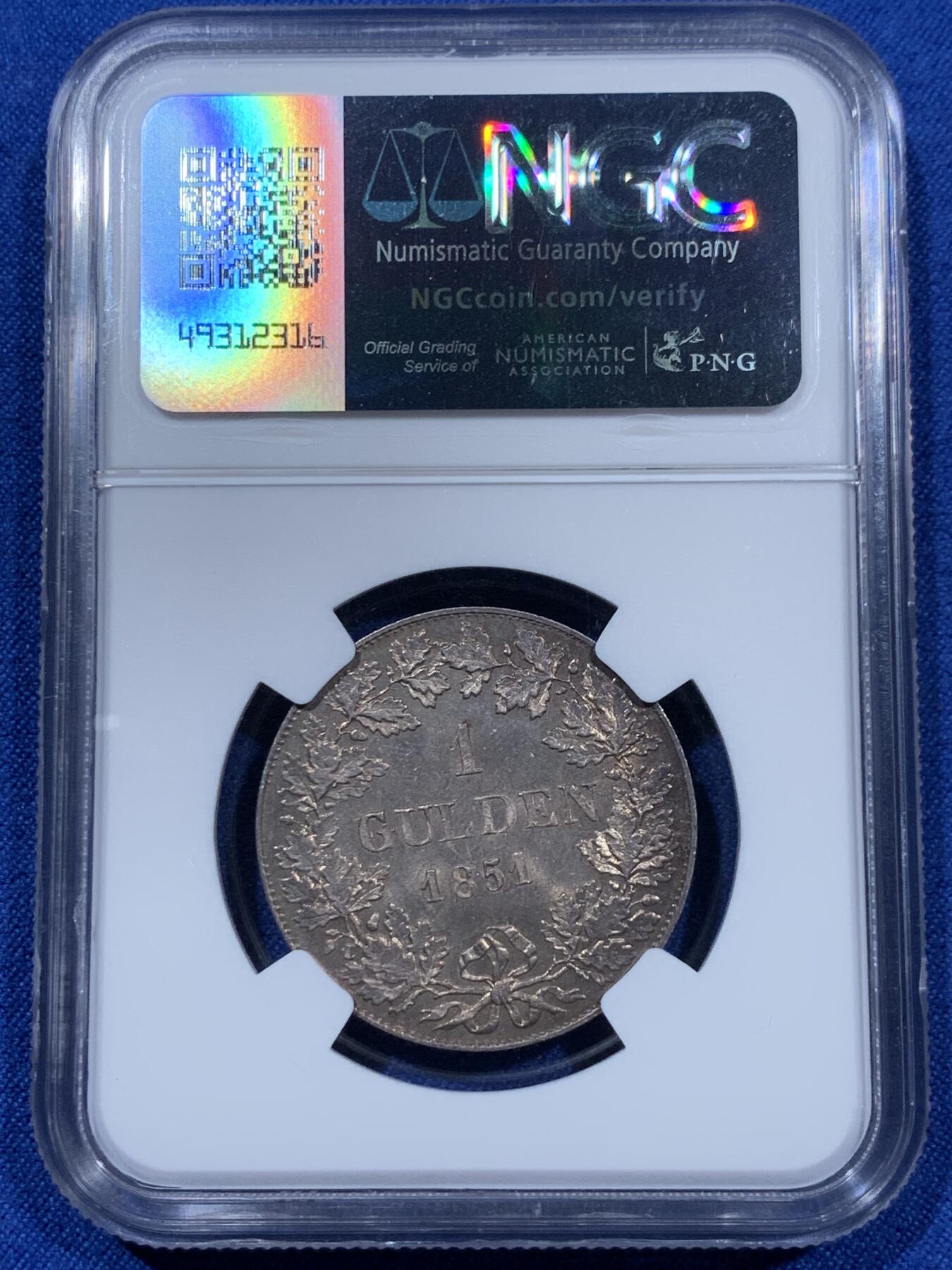 《竞宝斋》第360场 周日，周一  2场连拍 （全场包邮） NGC MS64 德国 1851年 法兰克福 1盾 银币 稀少小面值