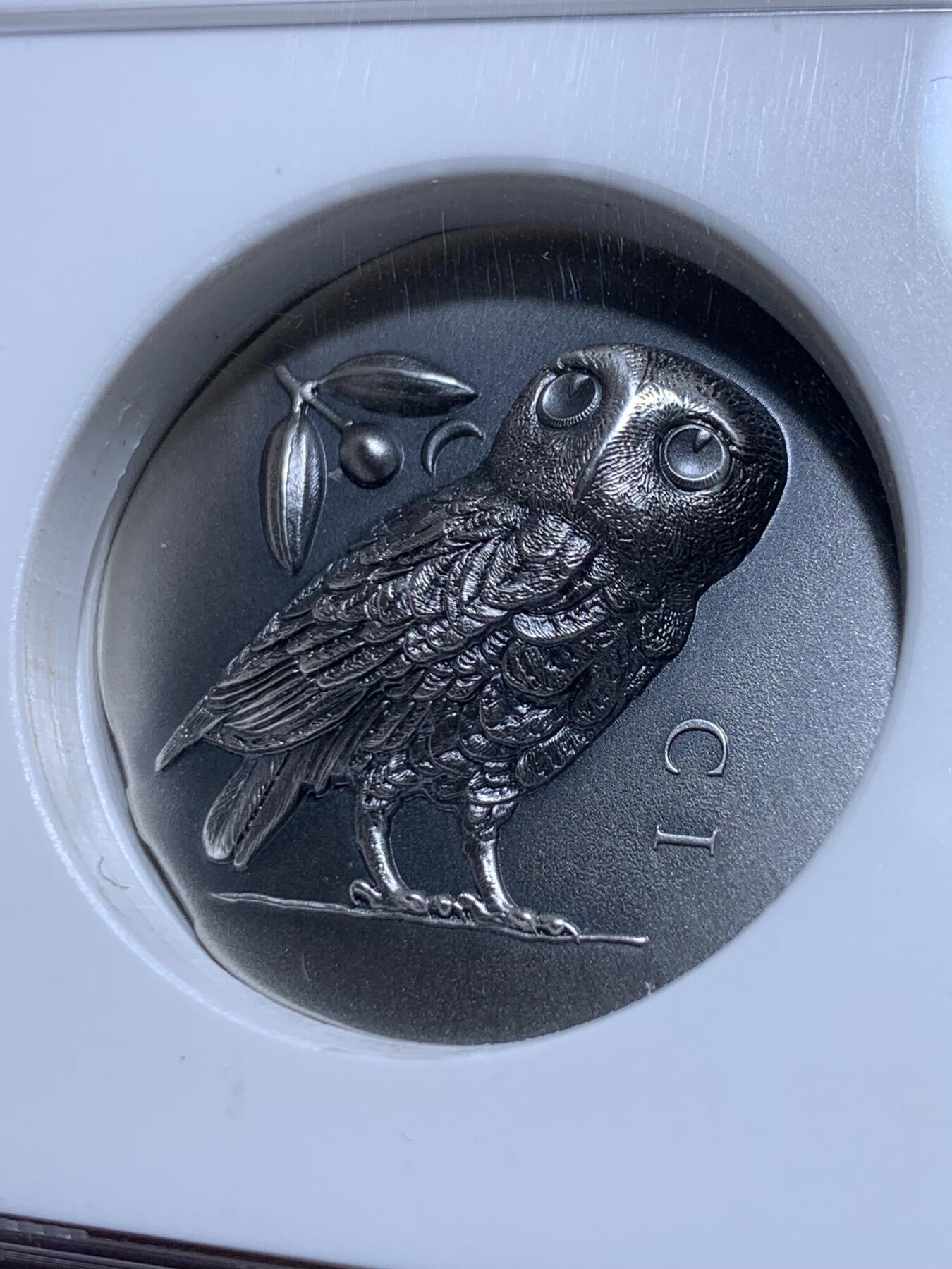 《竞宝斋》第360场 周日，周一  2场连拍 （全场包邮） NGC MS70ANTIQUED 库克2021雅典娜猫头鹰银币，智慧的象征，发行量999，送礼佳品，加厚盒装。