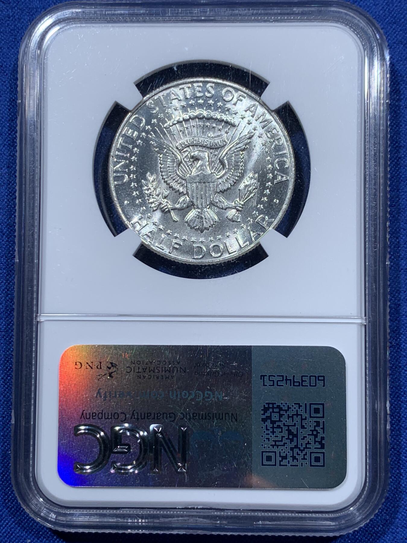 《竞宝斋》第360场 周日，周一  2场连拍 （全场包邮） NGC MS64 美国1964年肯尼迪半元银币 900高银版