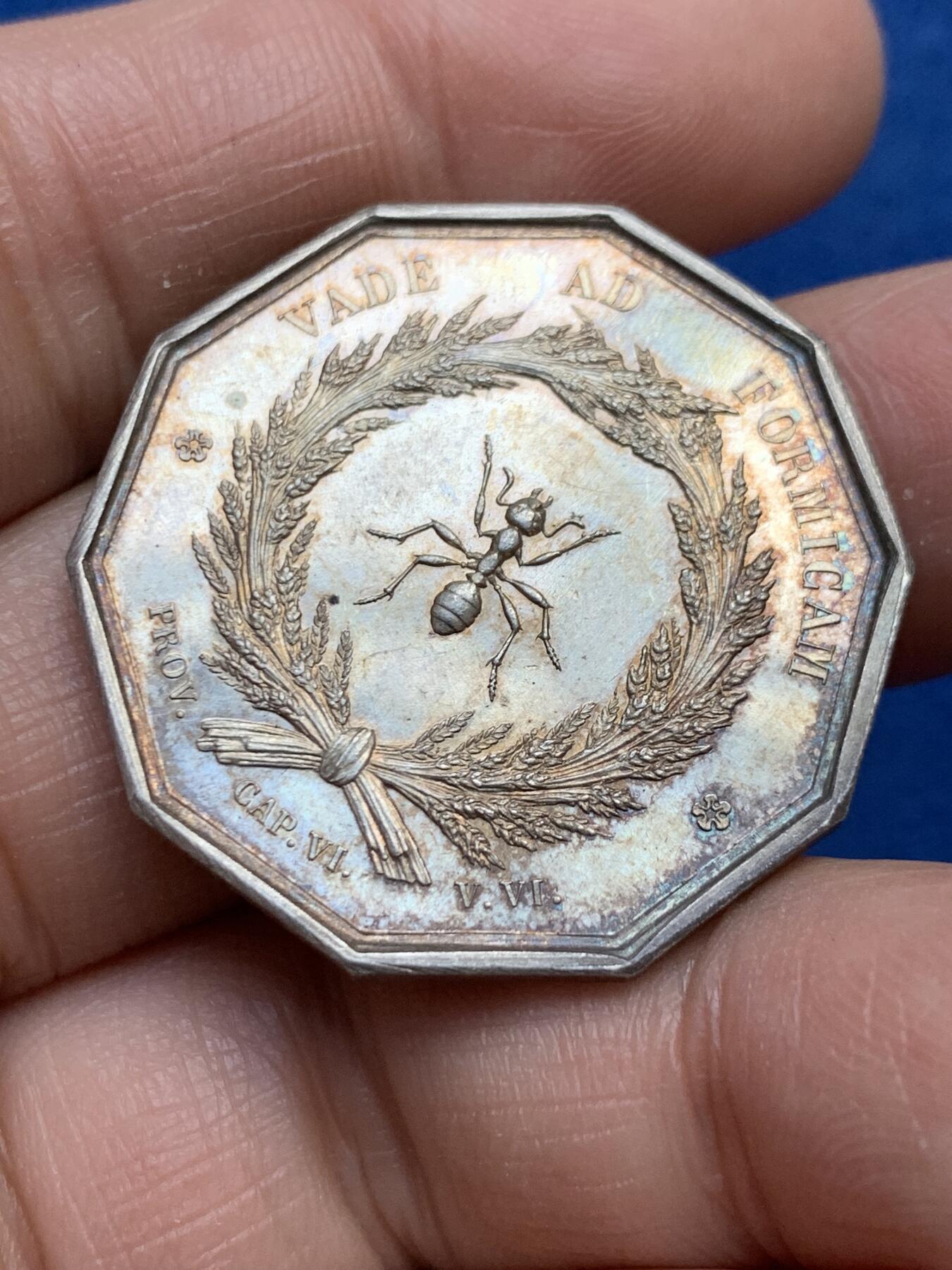 《竞宝斋》第360场 周日，周一  2场连拍 （全场包邮） 原光法国1822年里昂储蓄银行十角异型银质代币，可爱的蚂蚁，32mm，16克，蜜蜂Ar边铭。