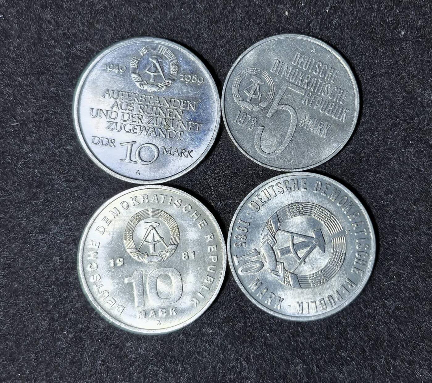 北京马甸外国币专卖第135期，外国币专场，陆续上拍，欢迎关注 东德10马克纪念币3枚，5马克纪念币1枚