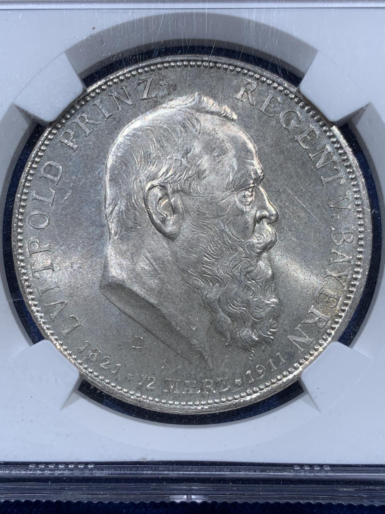 《竞宝斋》第360场 周日，周一  2场连拍 （全场包邮） NGC MS63 德国 巴伐利亚 1911年D 利奥波德 诞辰90周年 5马克 大银币