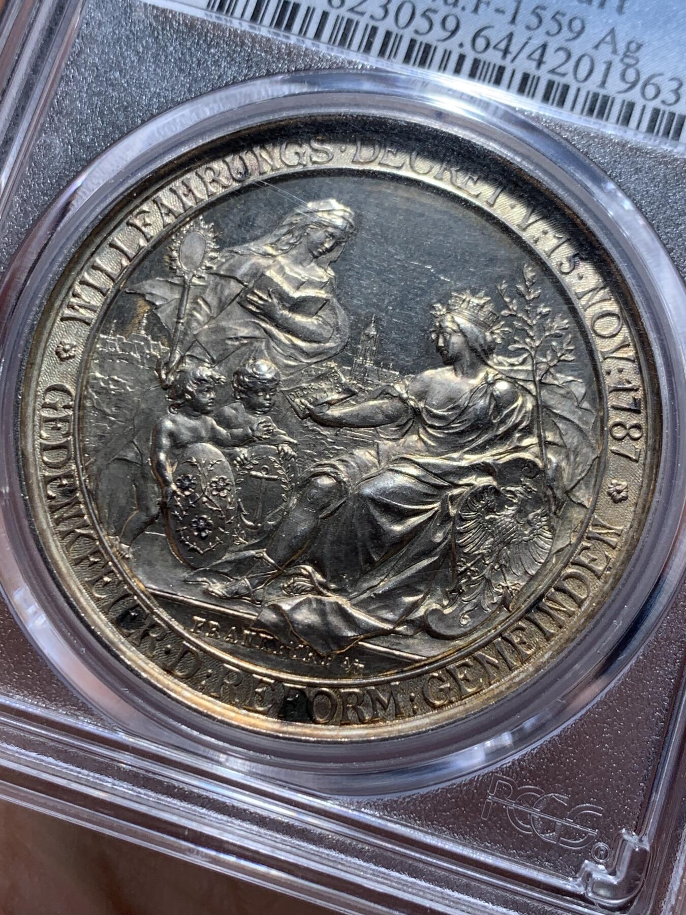 《竞宝斋》第360场 周日，周一  2场连拍 （全场包邮） PCGS SP64 德国 1887年 法兰克福-纪念法兰西与德意志宗教改革100周年大银章 唯一冠军分 极其稀少 背面鹰徽堪称登峰造极的美学典范 最新裸章成交价5400元