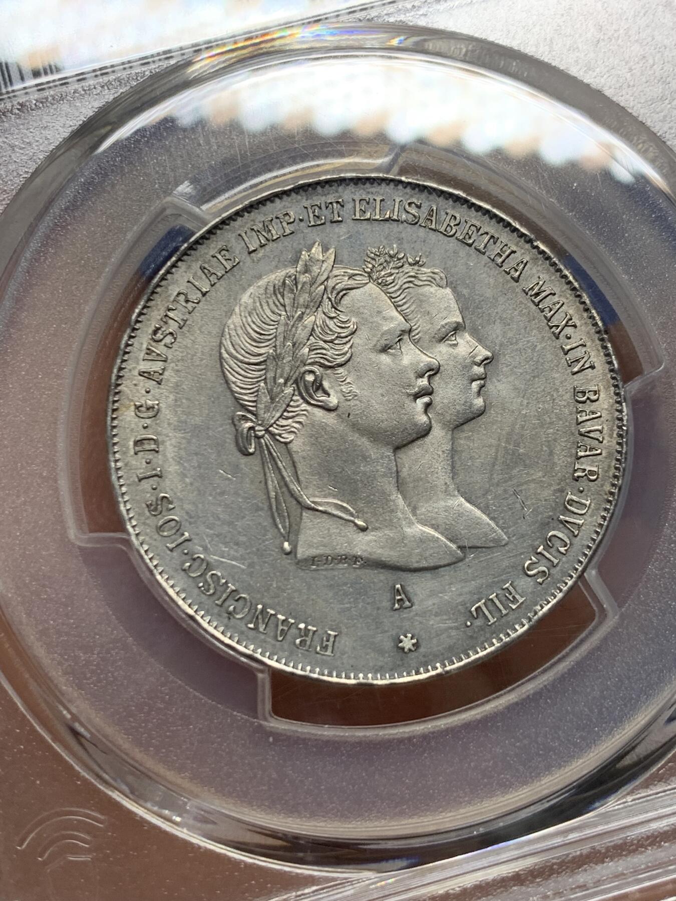 《竞宝斋》第360场 周日，周一  2场连拍 （全场包邮） PCGS UNC 奥匈帝国 奥地利 1854年 茜茜公主大婚 1盾银币