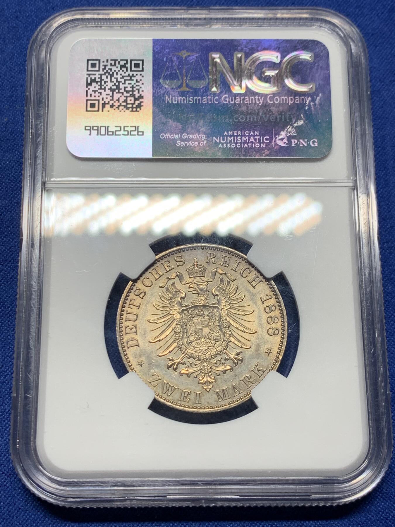 《竞宝斋》第360场 周日，周一  2场连拍 （全场包邮） NGC UNCD 德国1888三皇年弗里德里希三世2马克银币，五彩包浆，转光，高点保存非常好。