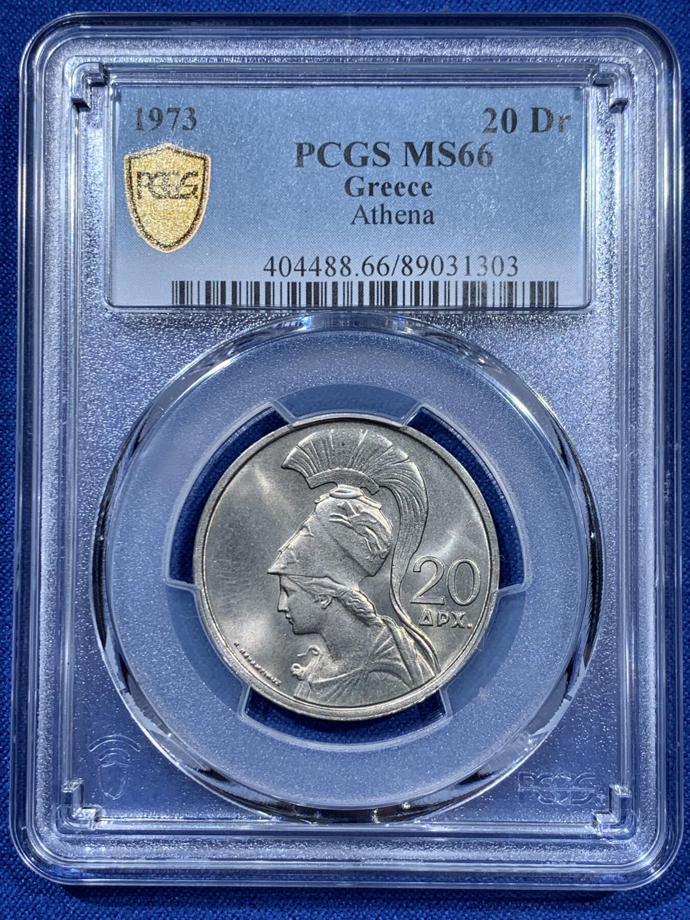 《竞宝斋》第360场 周日，周一  2场连拍 （全场包邮） PCGS MS66 高分 1973希腊20德拉克马 两面转光 经典雅典娜女神图案 很受欢迎的品种