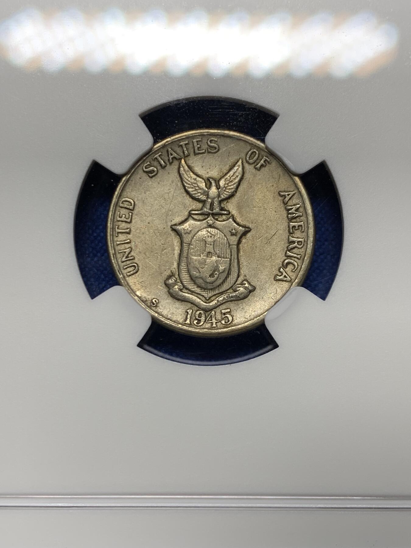 《竞宝斋》第360场 周日，周一  2场连拍 （全场包邮） NGC AUD 美属菲律宾 1945年 5分镍币