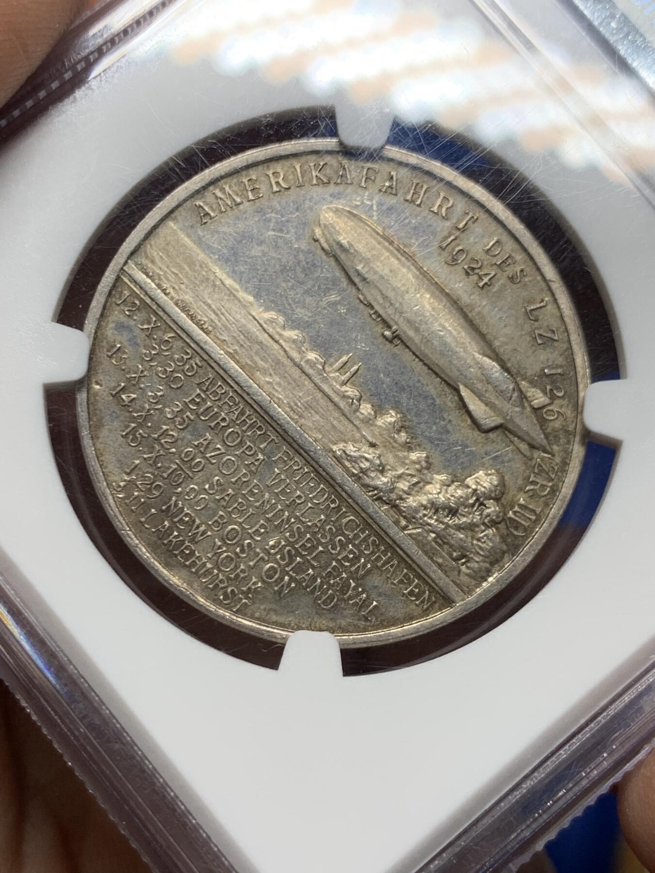 《竞宝斋》第360场 周日，周一  2场连拍 （全场包邮） NGC MS61 德国1924年齐柏林飞艇环球飞行纪念银章