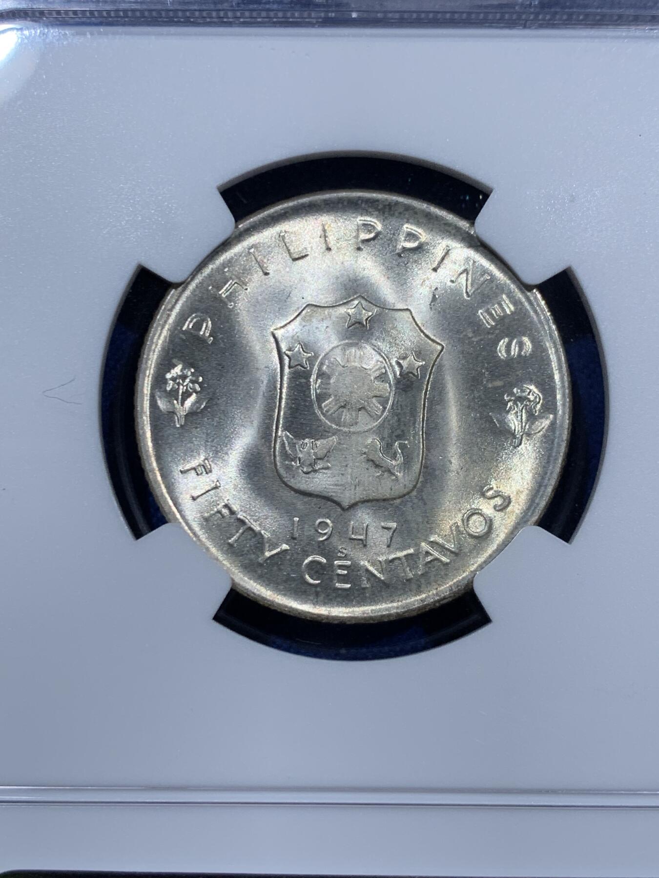 《竞宝斋》第360场 周日，周一  2场连拍 （全场包邮） NGC MS65 菲律宾 1947年 麦克阿瑟50分银币