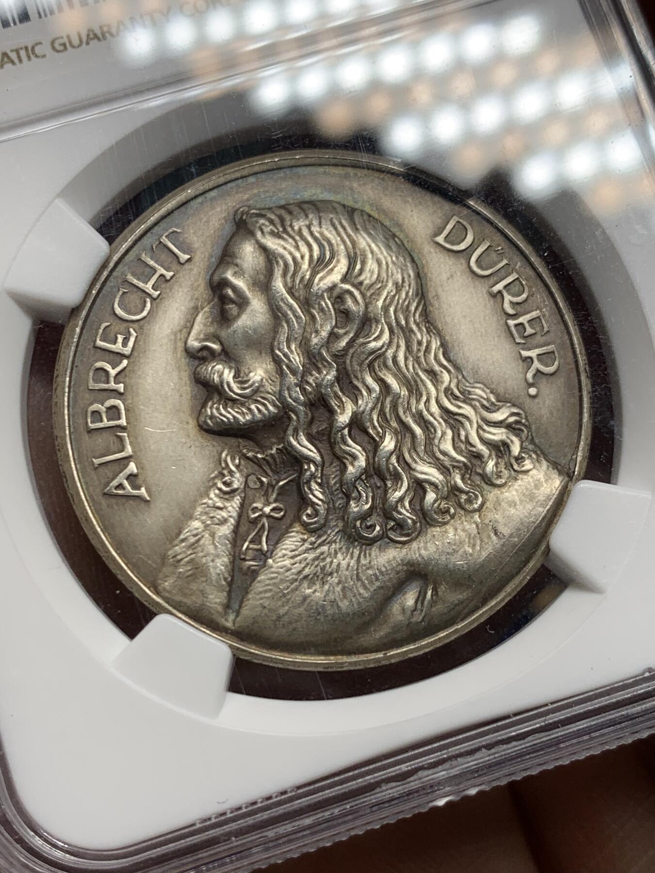 《竞宝斋》第360场 周日，周一  2场连拍 （全场包邮） NGC MS62 德国1928年丢勒逝世400周年纪念银章 冠军分 高浮雕 少见版本