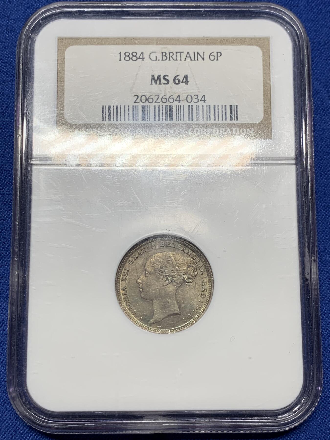 《竞宝斋》第360场 周日，周一  2场连拍 （全场包邮） NGC MS64 英国 1884年 维多利亚 6便士 银币 原味英伦包浆 老白盒 品质不输65