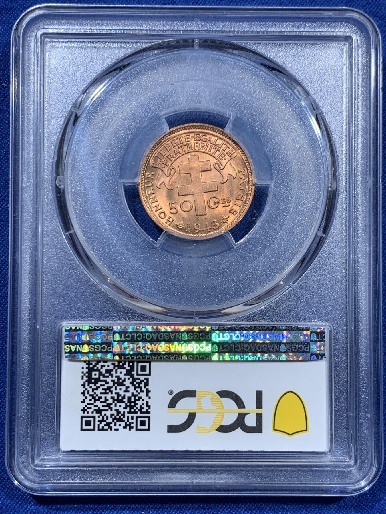 《竞宝斋》第360场 周日，周一  2场连拍 （全场包邮） PCGS MS65RD 喀麦隆1943年50分铜币 原光好品 高分难得