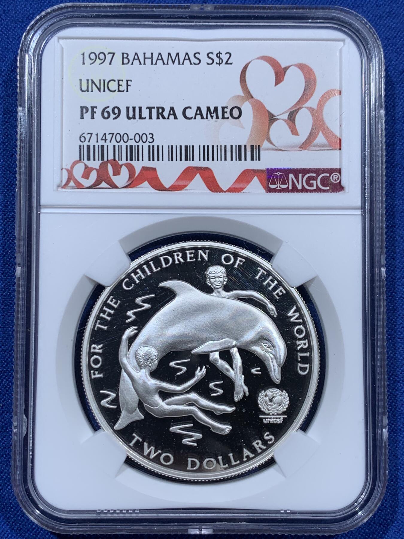 《竞宝斋》第360场 周日，周一  2场连拍 （全场包邮） NGC PF69UC 巴哈马1997年联合国儿童基金会婴戏海豚2元银币