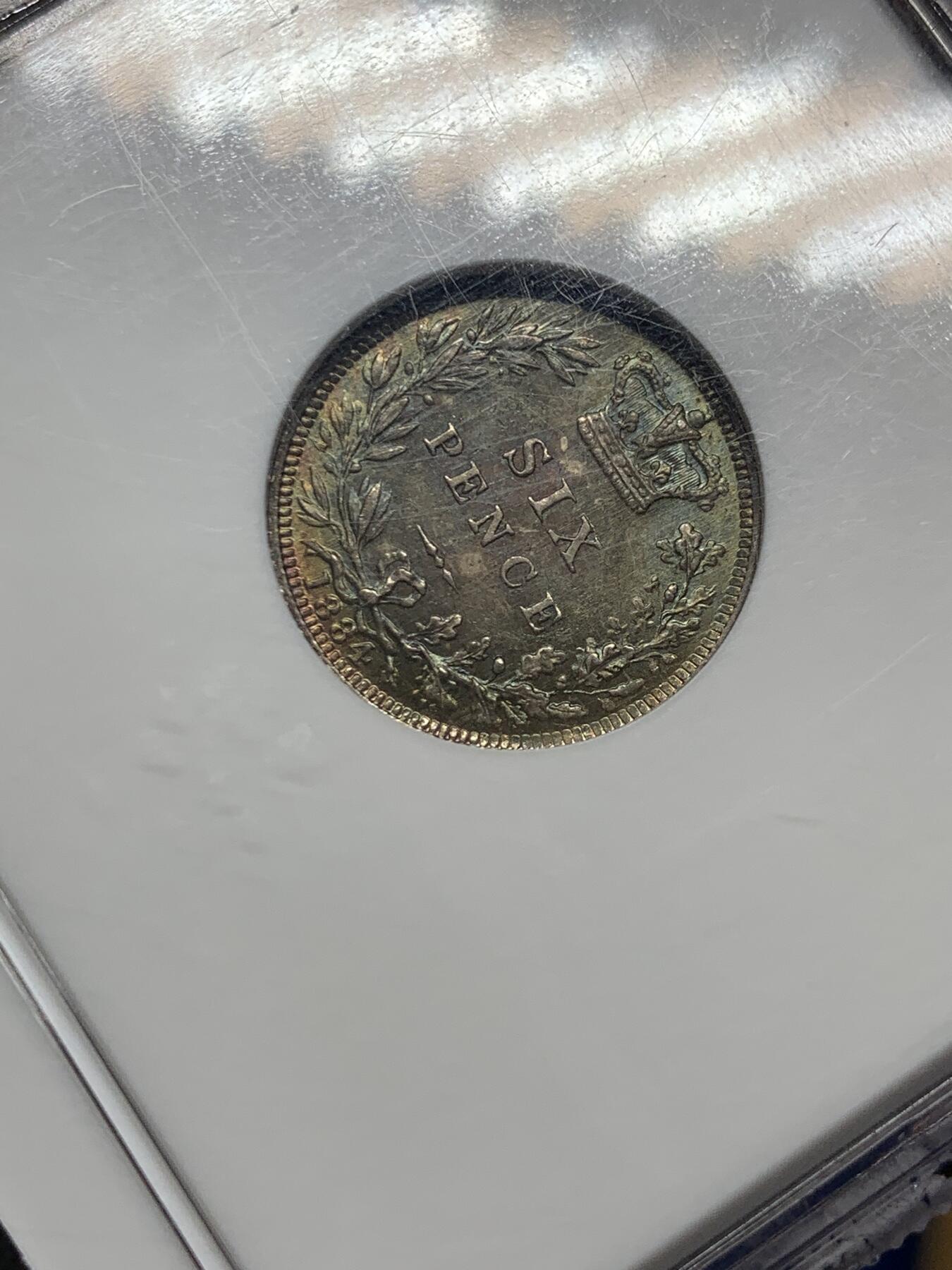 《竞宝斋》第360场 周日，周一  2场连拍 （全场包邮） NGC MS64 英国 1884年 维多利亚 6便士 银币 原味英伦包浆 老白盒 品质不输65