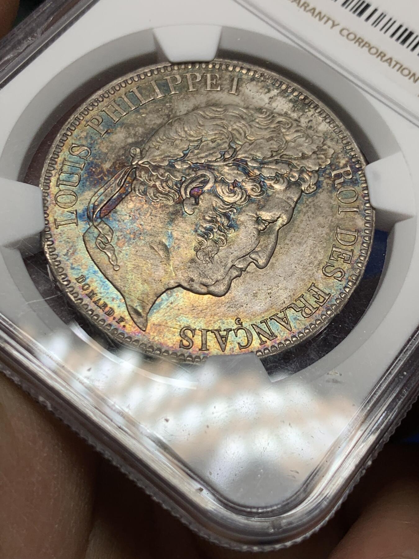 《竞宝斋》第360场 周日，周一  2场连拍 （全场包邮） NGC MS61 法国1835年菲利普5法郎银币 不多见的年份版别 极美五彩包浆 飞利浦上MS不容易