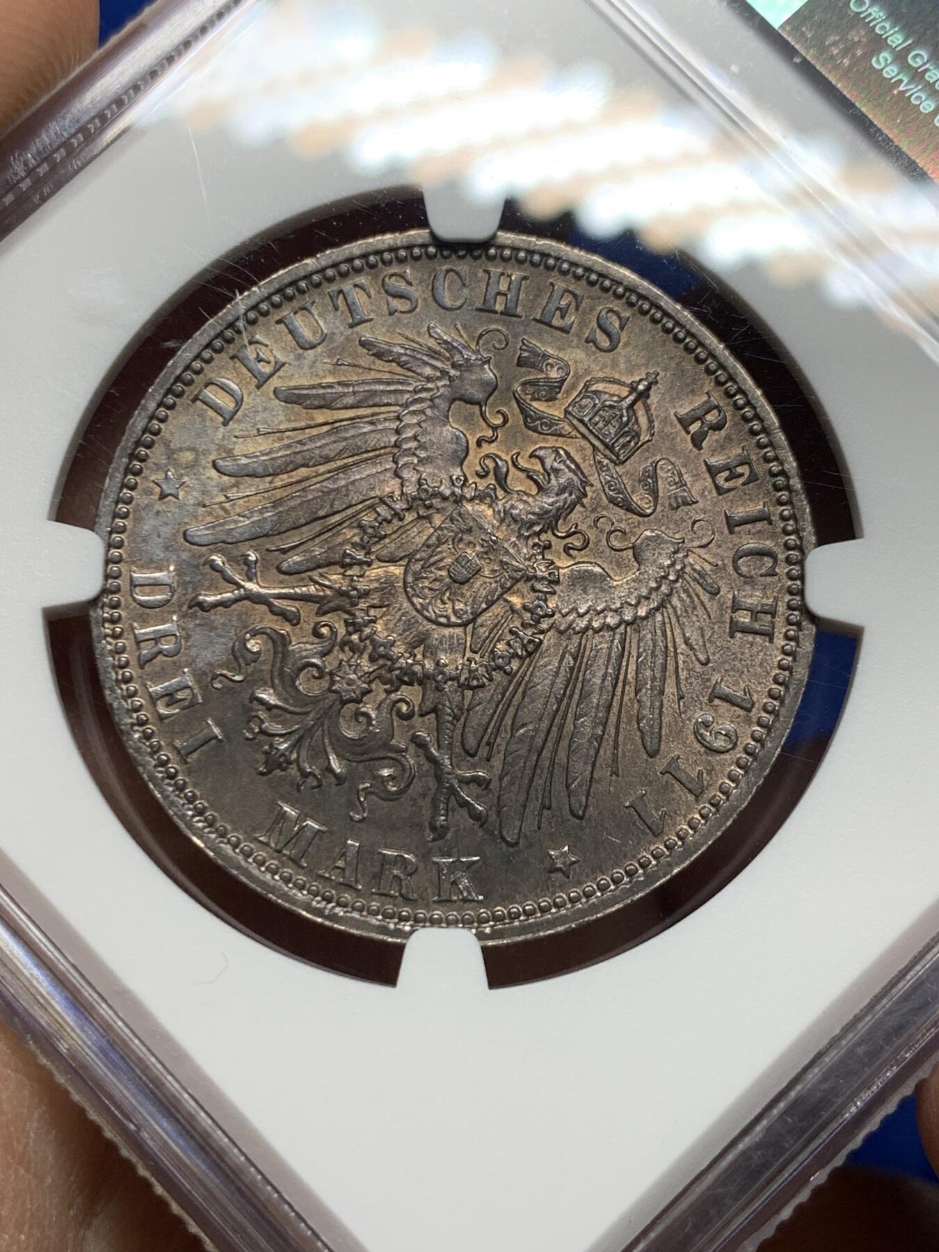 《竞宝斋》第360场 周日，周一  2场连拍 （全场包邮） NGC MS63  德国1911年巴伐利亚利奥波德3马克银币