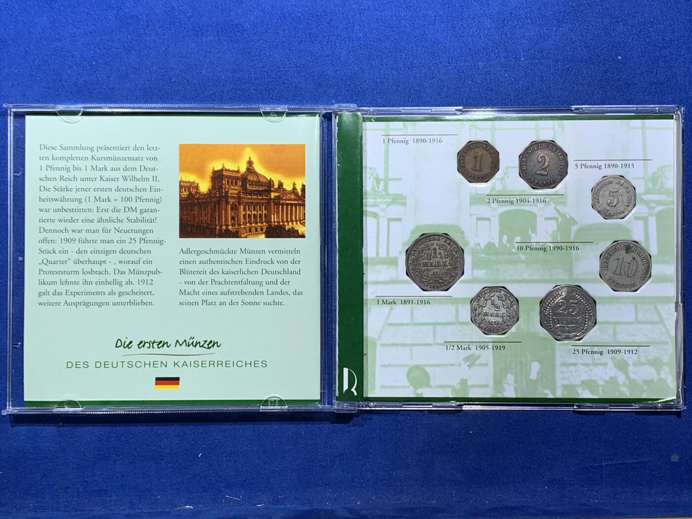 《竞宝斋》第360场 周日，周一  2场连拍 （全场包邮） 德国 1899-1915年 长翅鹰马克辅币一套 包含两枚银币 CD盒包装