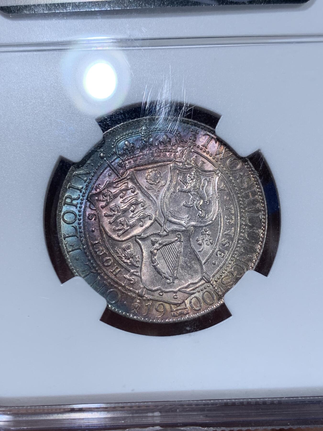 《竞宝斋》第360场 周日，周一  2场连拍 （全场包邮） NGC MS62 英国老维1900年2先令（1福洛林）银币 低评好彩